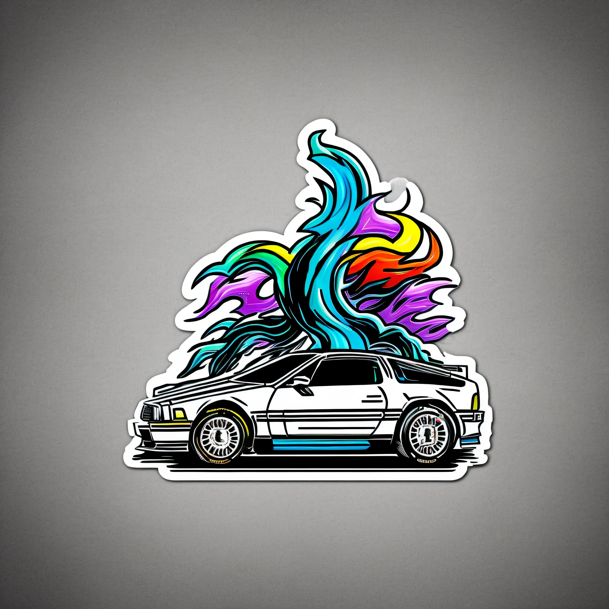 De Lorean surrounded by colored lightning bolts sticker design