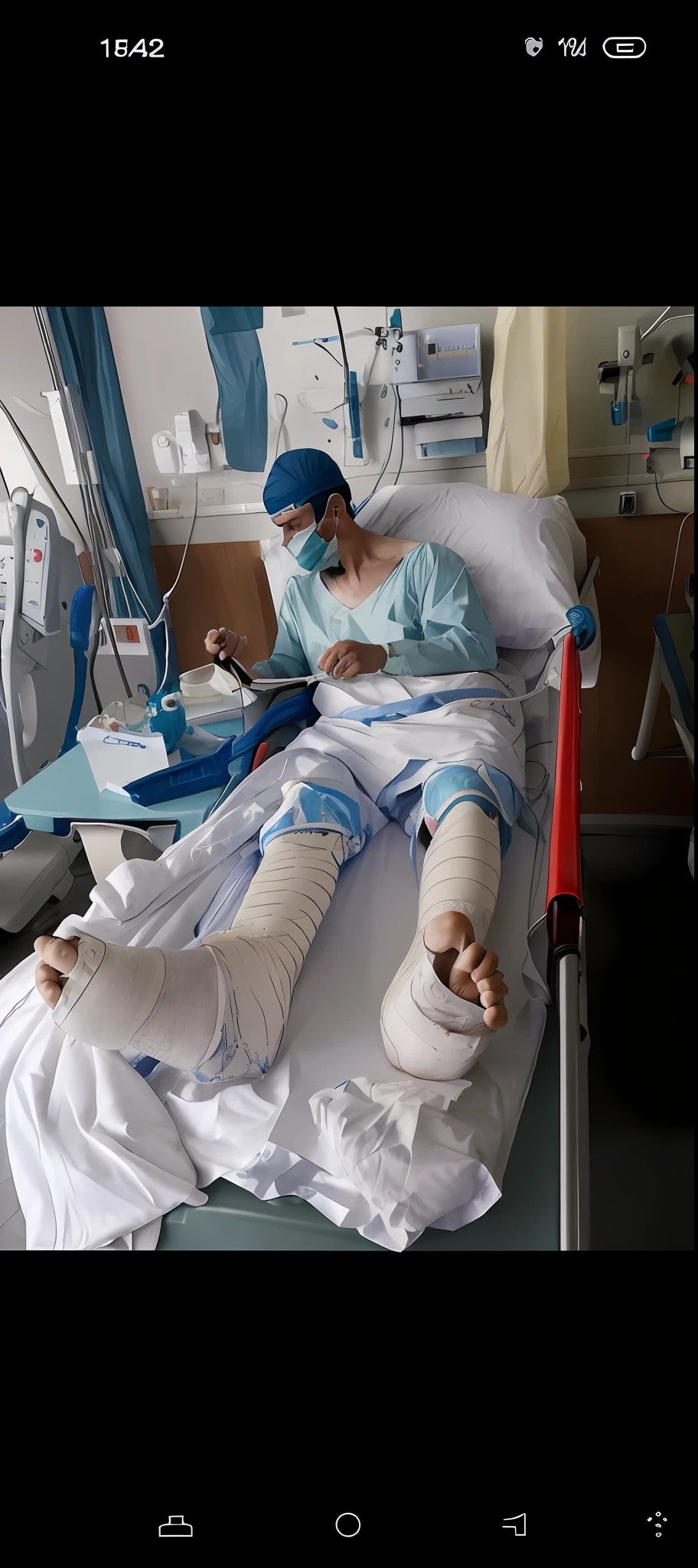 there is a man laying in a hospital bed with a cast on his leg, in hospital bed, fighting for his life, artificial limbs, olchas logan cure liang xing, body swelling about to explode, frail, surgery, sick, beautiful masterpiece, with wires and bandages, at the hospital in patient gown, taken in 2022, prostheses