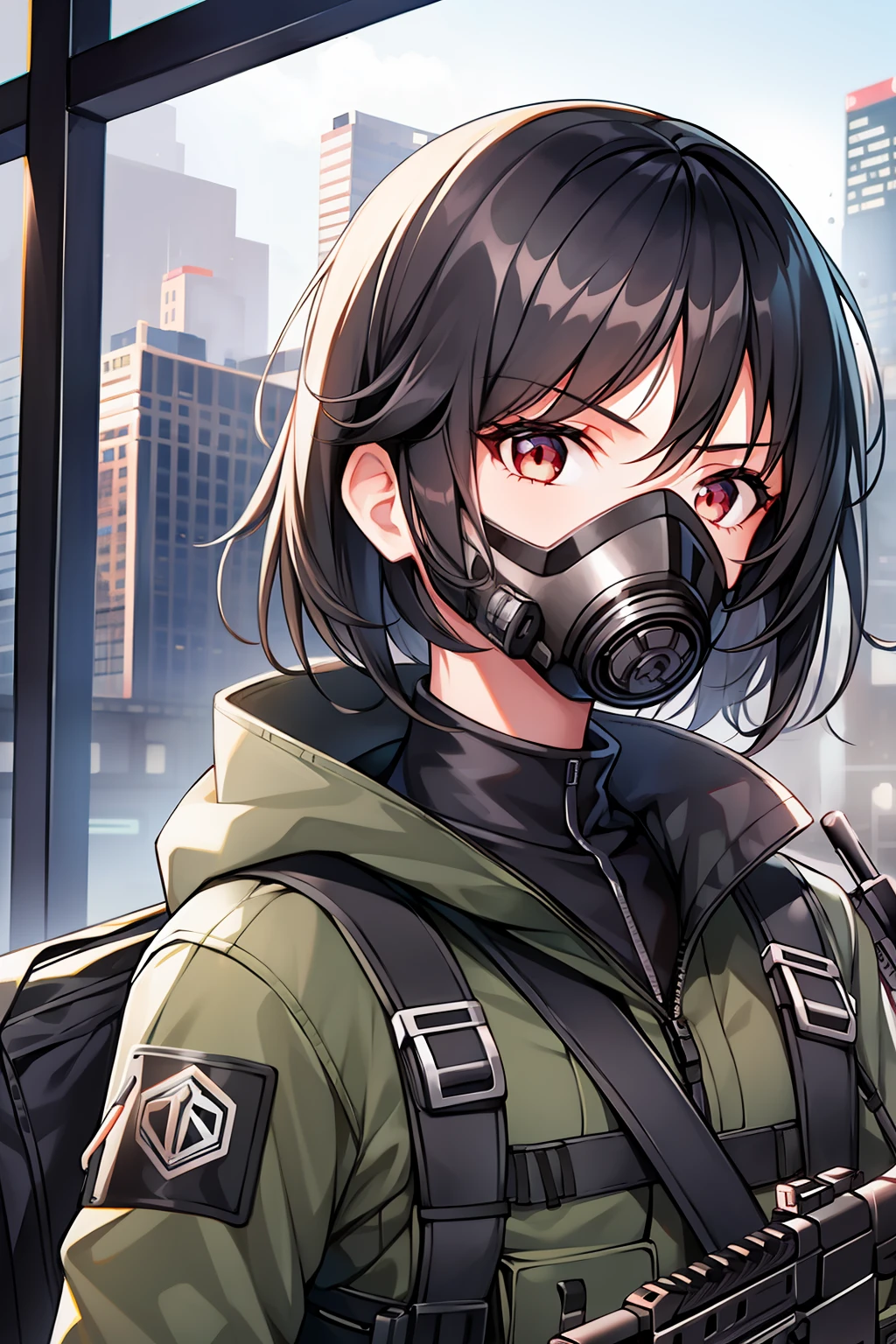 1girl, standing, holding a rifle, determined, black hair, medium hair, black hair, gas mask, black tactical bodysuit, harness, cyberpunk, portrait, masterpiece,