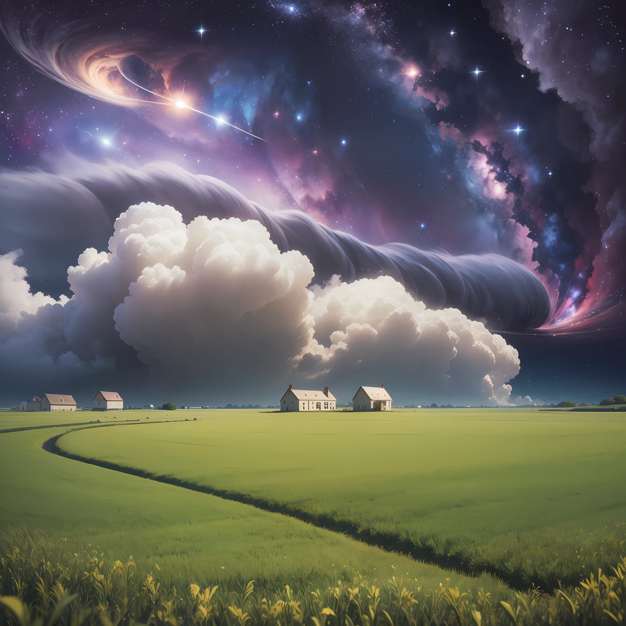 a gigantic tornado of wind reaching the galaxies, leaving small houses in a field, grand, fantastic, highly detailed, ultra realistic, ultra HD image, very high resolution, 32k --auto --s2