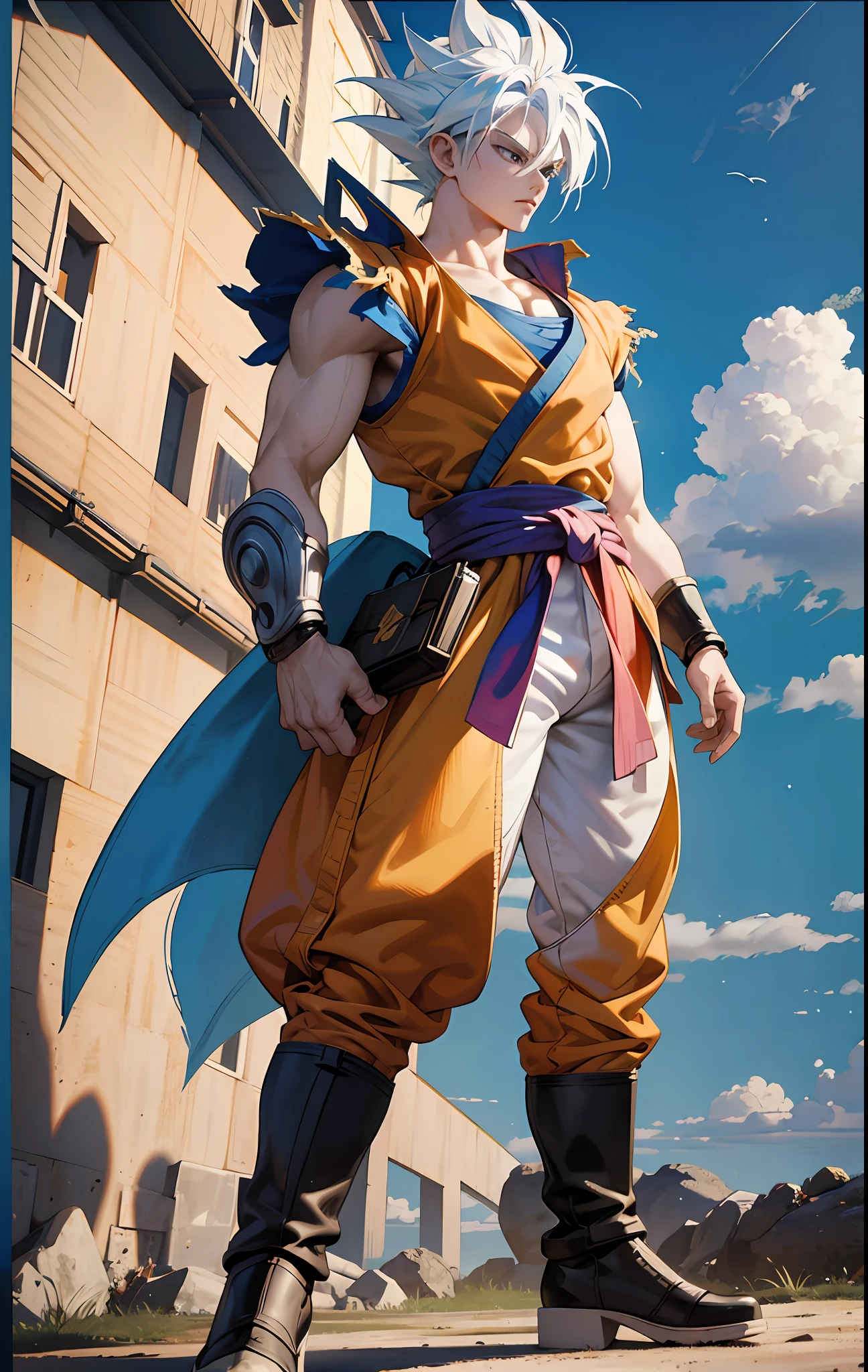 Goku, super saiyan, exquisite hair, arm depiction, white and blue hair body, exquisite shoes, eye depiction, exquisite hair, popmart blind box, clay texture, stepping on the land, black and white background, natural lighting, most good quality, super detail, 3D art, c4d, OC renderer, 3D rendering, 8k --auto --s2