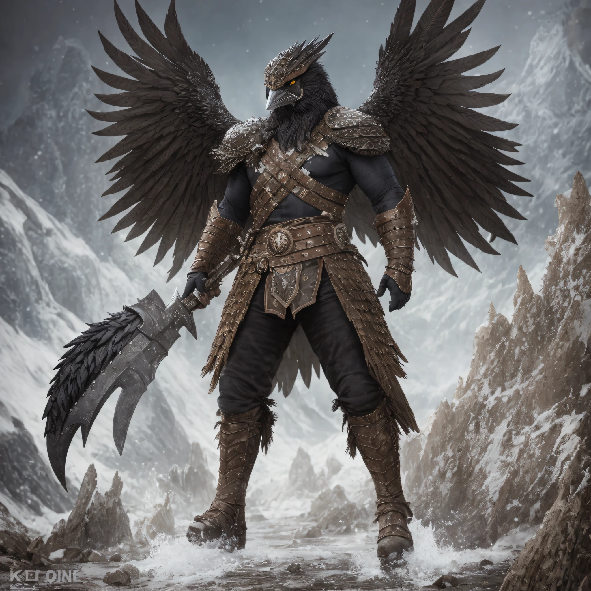 (( masterpiece)) RAW photo, a full body portrait of warrior man, crow head, bright yellow eyes, crow wings, black and scaly skin, great powerful viking war axe, ice portal, desert ice and darkness (highly detailed skin: 1.2), 8k uhd, dslr, soft lighting, high quality, film grain, Fujifilm XT --auto --s2