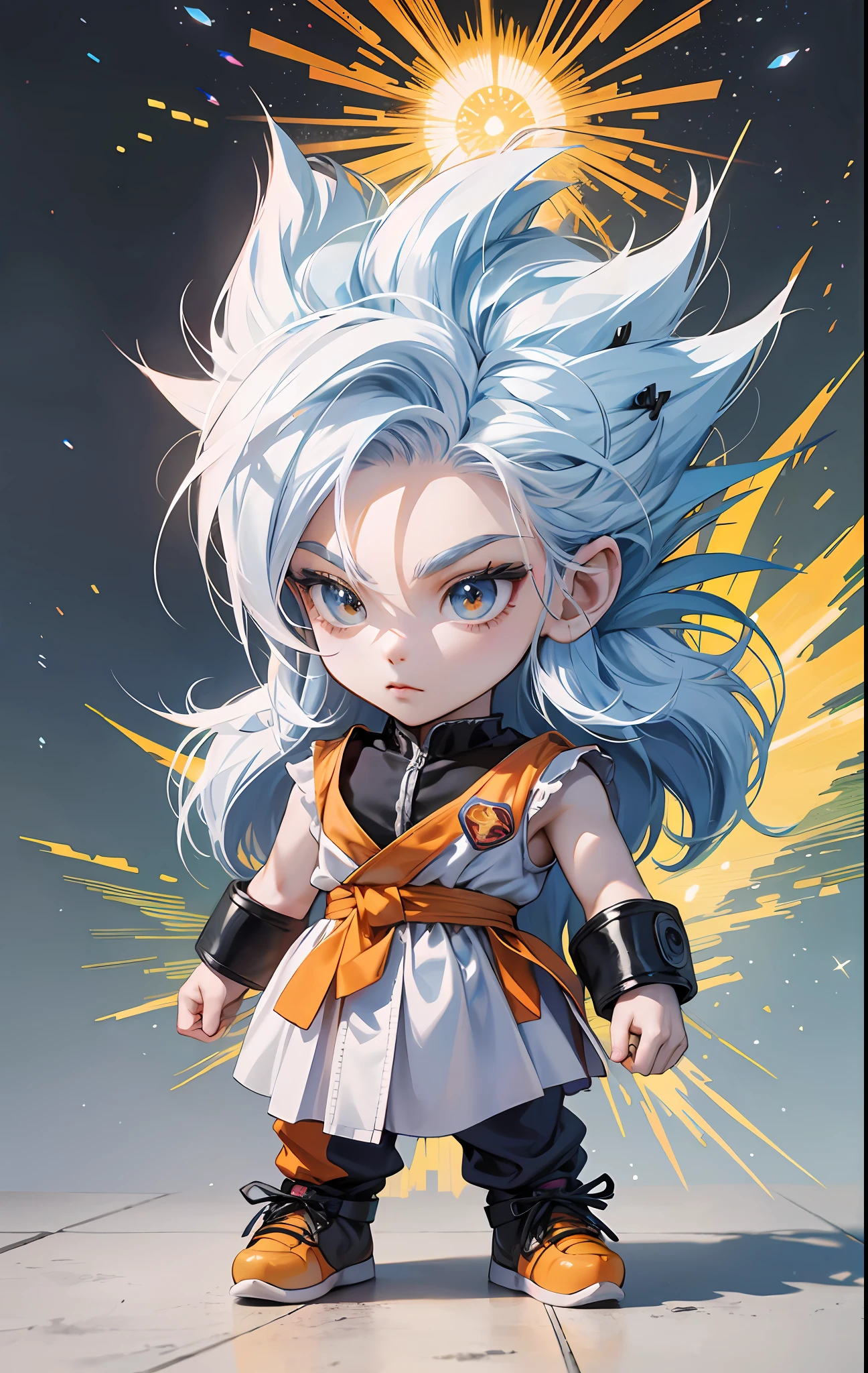 Goku, super saiyan, exquisite hair, arm depiction, white and blue hair body, exquisite shoes, eye depiction, exquisite hair, popmart blind box, clay texture, stepping on the land, black and white background, natural lighting, most good quality, super detail, 3D art, c4d, OC renderer, 3D rendering, 8k --auto --s2