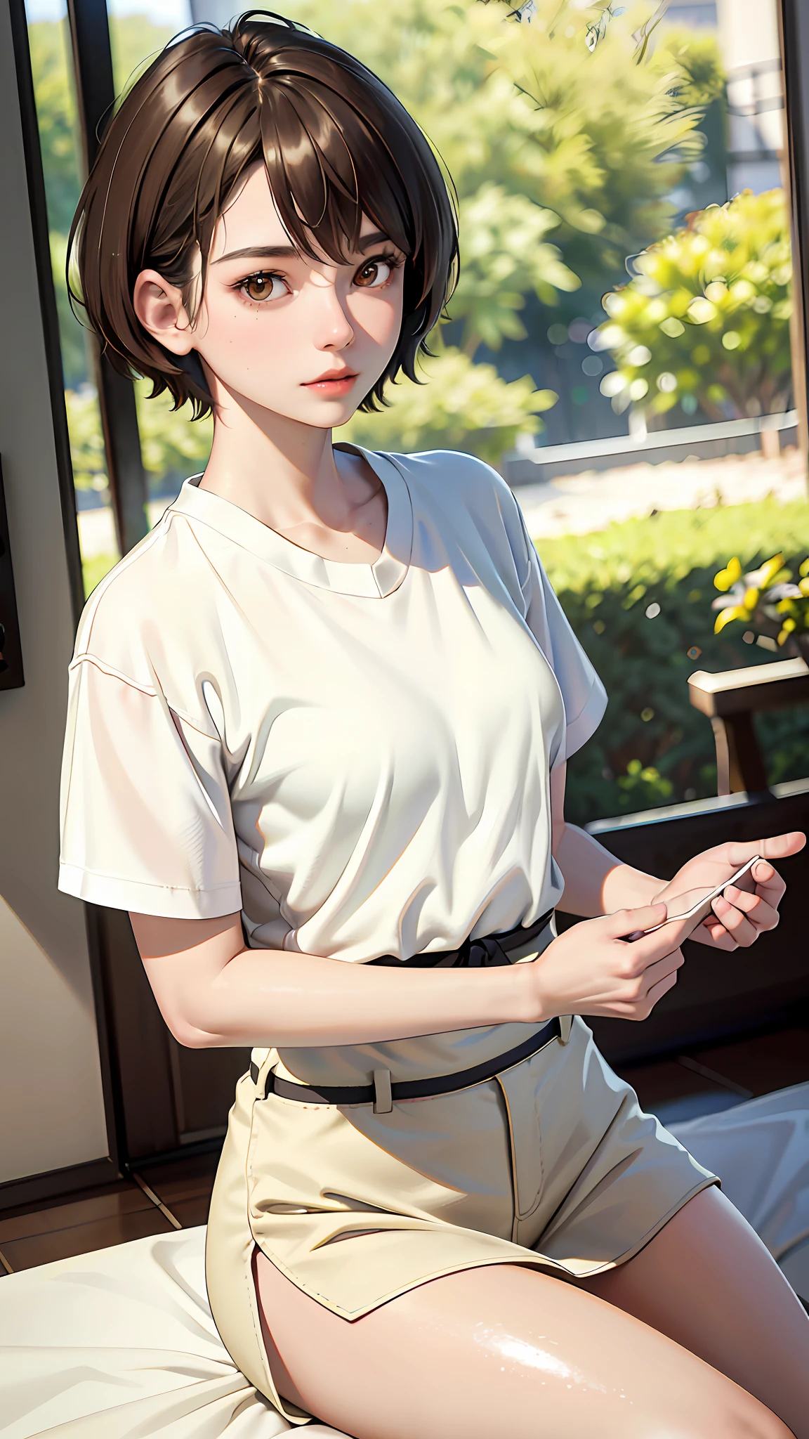 ((Kai Kokoai)), (((Short Hair))), (8K, Raw Photo: 1.2, Best Quality: 1.4, Masterpiece: 1.2), (Realistic, Photorealistic: 1.4, Ultra High Definition: 1.2), (Soft Focus: 1.4), 1 Girl, Japan Girl, , Upper Shot, (View Viewer: 1.5), Light Makeup, Ultra Detailed, Ultra Detailed Skin, Brown Hair, Brown Eyes, Short Hair, White T-shirt,,((( Very white skin, very clear skin, very light colored skin))),
