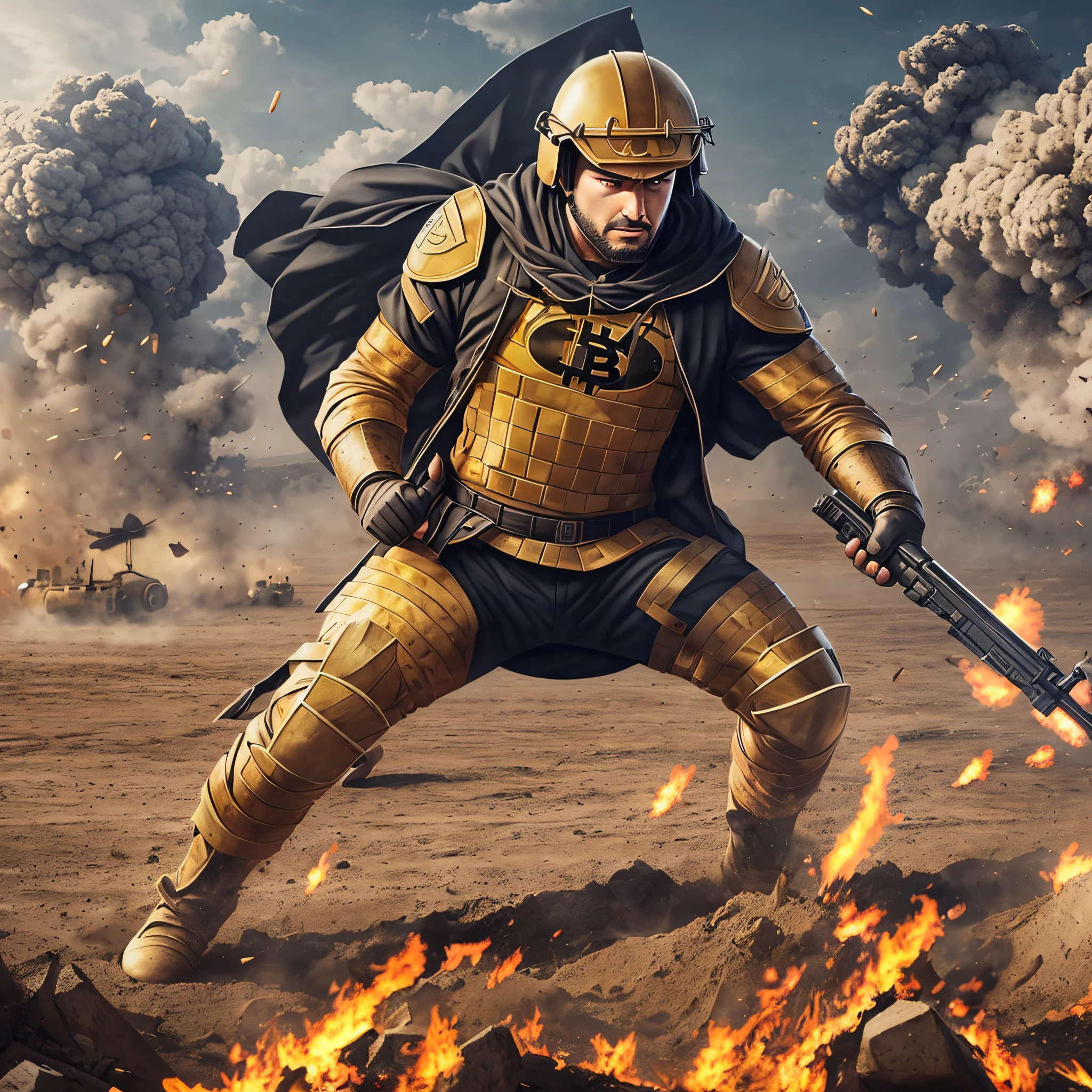 bitcoin under attack in a war (bitcoin symbol) cryptocurrency, realism, high quality, 1080P, HD, best quality --auto --s2