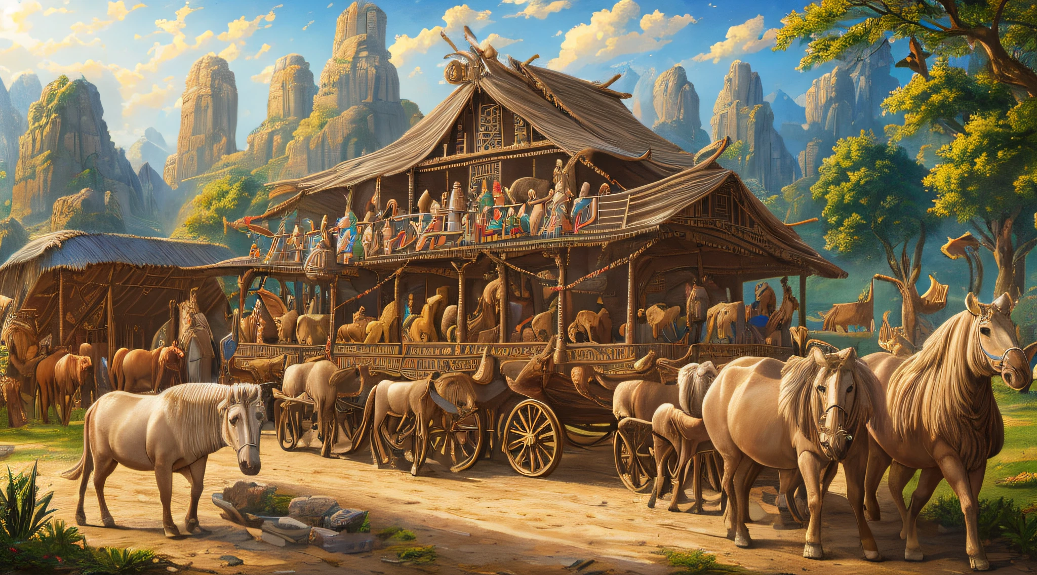 masterpiece, best quality, Noah's ark, with a variety of animals of different sizes, colors and shapes, outdoors, extremely detailed CG unit 8k wallpaper, intricate details, best ratio four fingers and a thumb, clothes from the time of biblical times of the Old Testament, late, better light and shadow, serious, ointment, depth of field --auto --s2