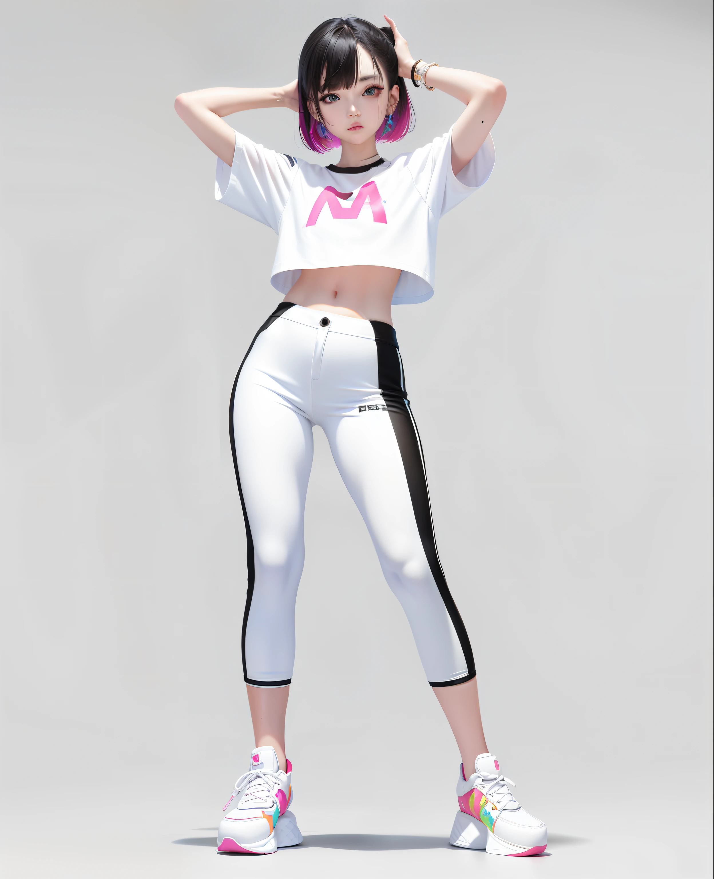 Pure white background, croptop, Kpop idol, short-sleeved T-shirt, 1 Female wearing a colorful PVC texture jacket ((movie interference)), full body, wearing sneakers, beautiful eyes, gloss, jewelry, portrait, original game painting, c4d, blender, beautiful face, black background