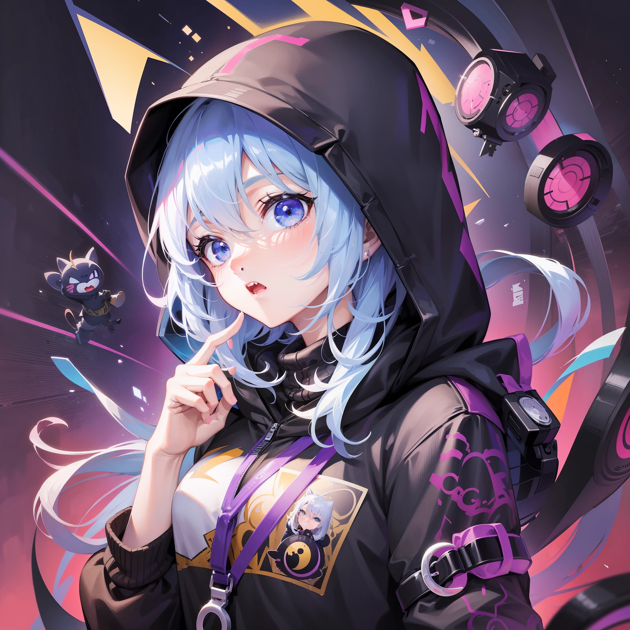 Girl in hoodie with index finger to mouth, facing the camera, upper body, snake sticker, key anime art, digital art on projectile theory, anime art wallpaper 8K, anime style 4K, badass anime 8K