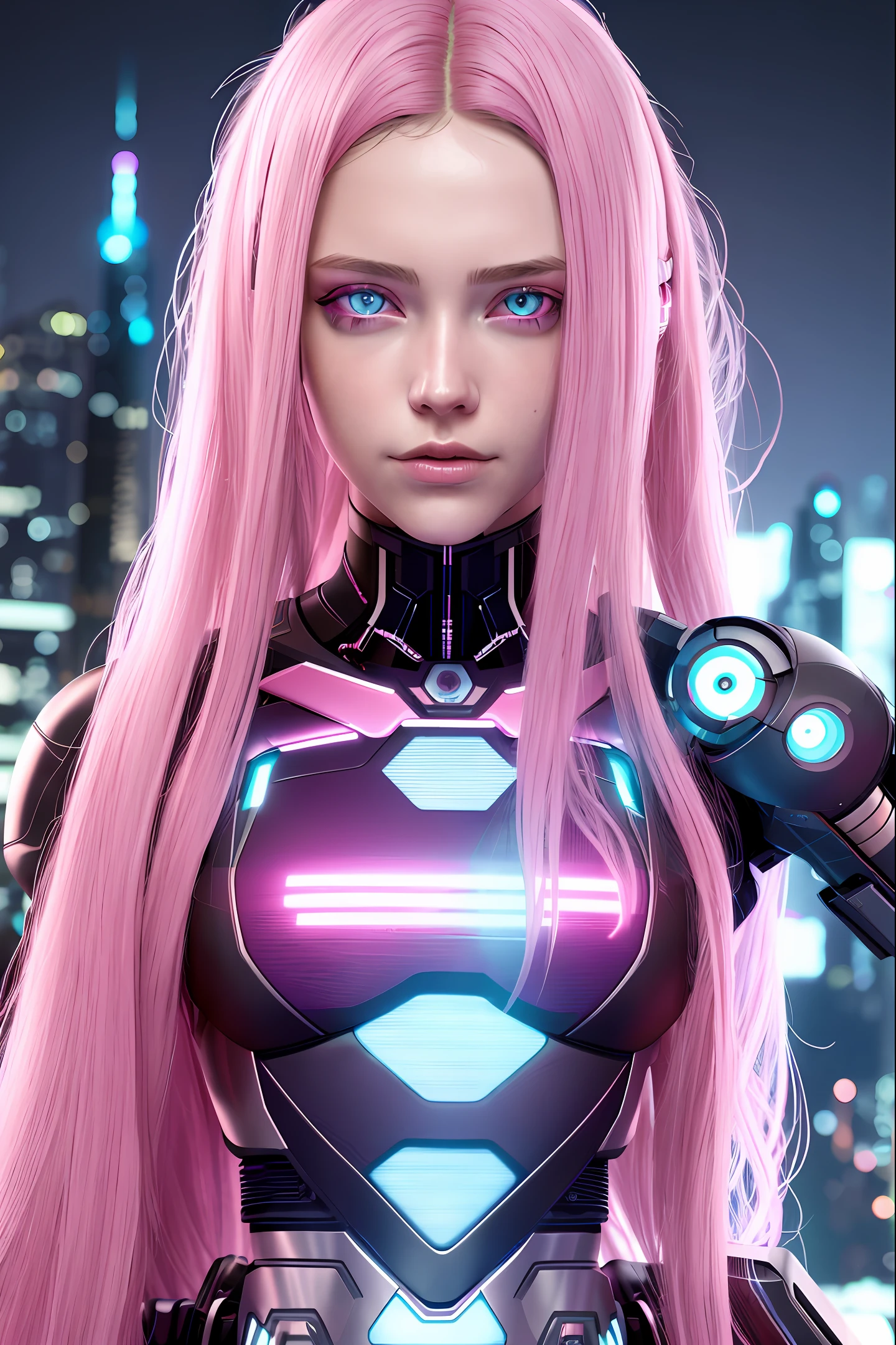 cyberpunk girl,8k,staring at viewer,details in hair,details all,pink hair,blue eyes,detailed background,max lighting quality,long hair,robot,4k quality