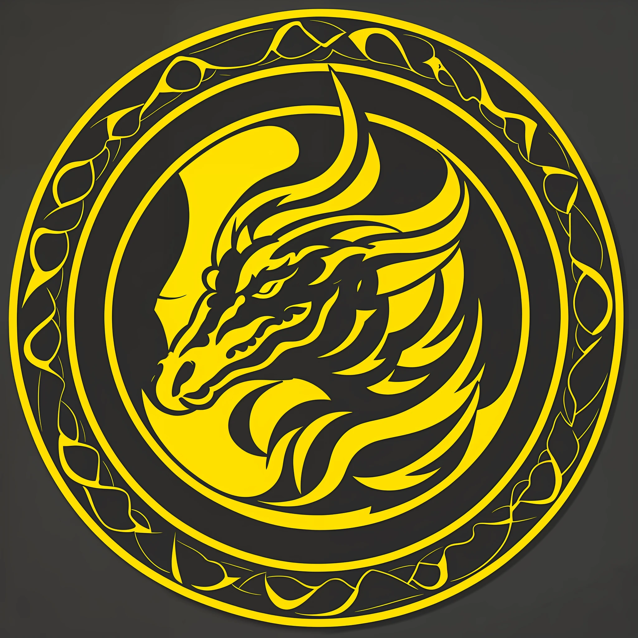 Use a black and yellow palette and create a simple two-dimensional vector logo of a dragon's head and neck, side view, and two horns. Place it inside a perfect circular frame and use a white background outside of it. It must be simple, beautiful, smooth, and have a sharp outline to be used as a personal logo.