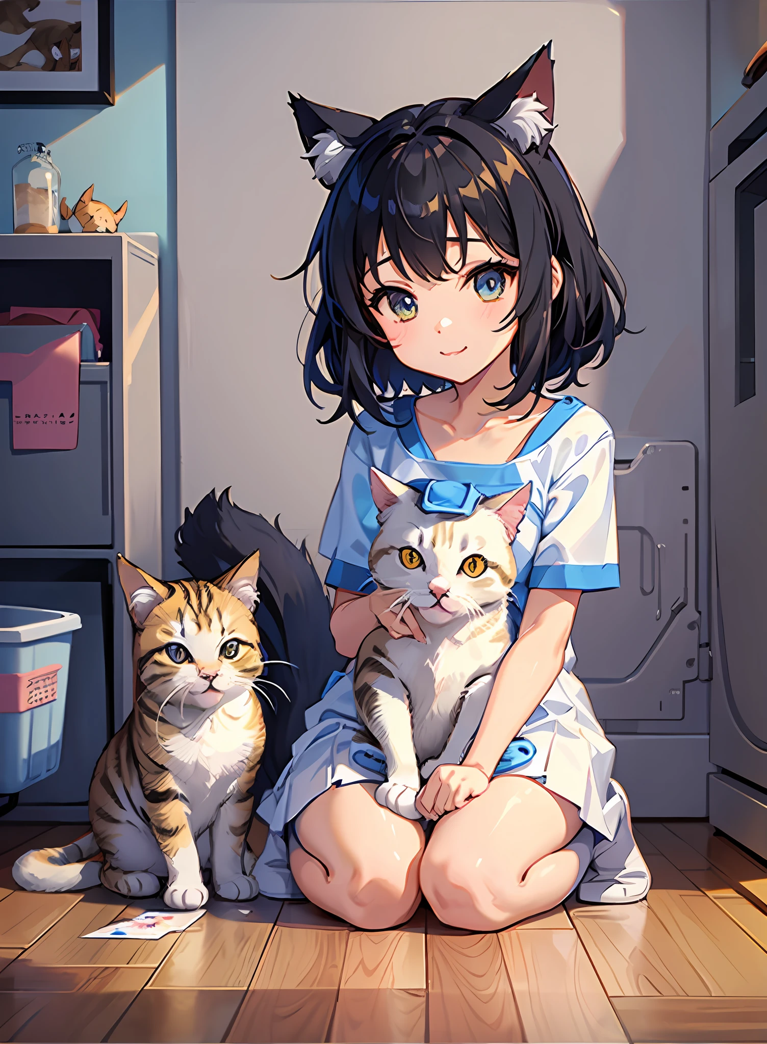 (cute neko girl holding a cat),(cat litter box, cat paintings on the wall emphasizing full of cats),(detailed face)