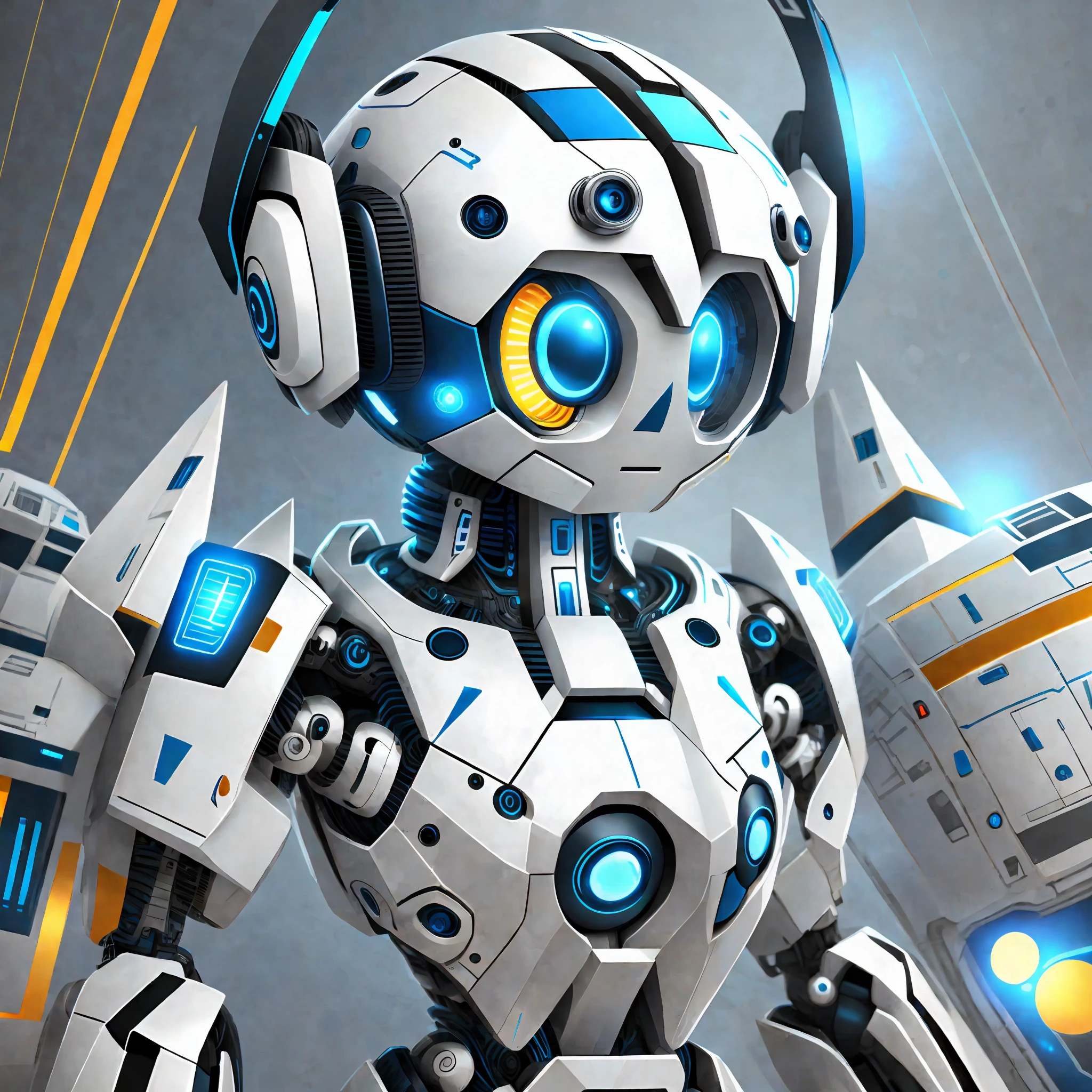 A young, friendly, modern robot with an elegant and intuitive design. with bright, expressive eyes that convey positive emotions. Its body is slender and with smooth lines, reflecting the innovative technology and efficiency of the services it represents. Colors: Predominantly blue, with white details and silver touches, conveying a sense of modernity and energy. Symbol: SocioBot has a stylized symbol on its chest, representing the integration of the three main service areas: social networks, radio and TV