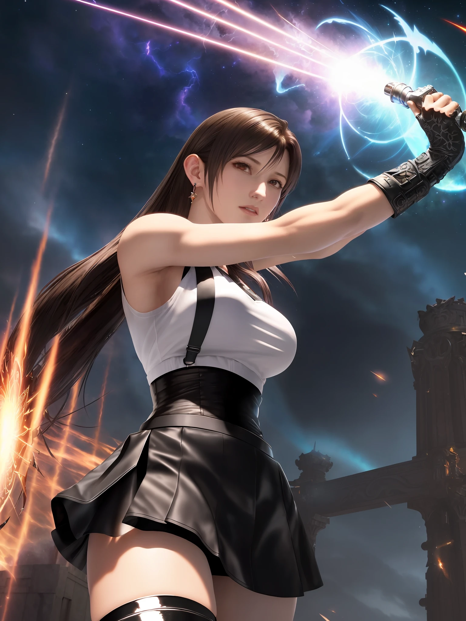 corneo_tifa_classic, (8k uhd, RAW photo, landscape, best quality, masterpiece), (realistic, high resolution), physically, ((focus on solo stunningly beautiful detailed tifa_lockhart:1.5) wearing (black skirt, black suspender, black elbow gloves, white taut shirt, shiny skin:1.2), out-flew (Millions of thunderbolts:1.3) drawn from the thighs Of (mighty Cherubim:1.3) ((((the sudden (blaze) Far round illuminated hell)))) highly they (raged) Against the Highest and ((fierce)) (((with grasped Arms Clashed on their sounding Shields the din of (war)))) (((Hurling (defiance) toward the Vault of Heaven)))), outdoor, panoramic view, high detailed intricate environment, concept art, decay, ominous, grief, anger, rage, fury, ethereal, magical, fantasy, unreal, otherworldly, dreamlike, mystery, intricate illustration, art by Yoshitaka Amano and alphonse mucha and artgerm, lighting by Tetsuya Nomura, background by peter mohrbacher and Andrei Riabovitchev and Marc Simonetti and greg rutkowski and craig mullins and magali villeneuve, professional cinematic lighting