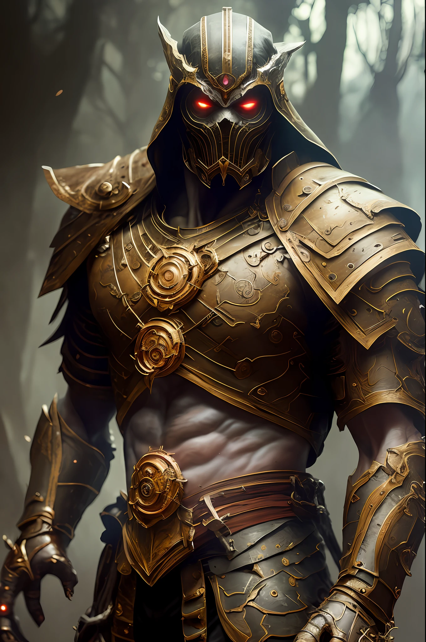 A (full body:1.3) shot at 8k resolution, splash art,
fantastic comic book style, photorealistic, intense look,
anatomical photorealistic digital painting portrait of a (old
male:1.3) human (warrior:1.3) in black and gold intricate
(heavy armor:1.3) in a (dark and moody universe:1.3), light
particle, very detailed skin,samurai, very detailed eyes,
(elden ring style:1.3), (warhammer style:1.1), concept artist,
global illumination, depth of field, splash art, art by artgerm
and greg rutkowski and viktoria gavrilenko