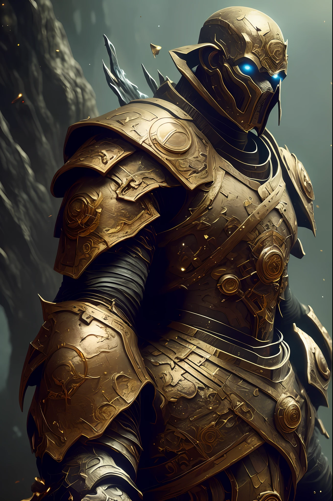 A (full body:1.3) shot at 8k resolution, splash art,
fantastic comic book style, photorealistic, intense look,
anatomical photorealistic digital painting portrait of a (old
male:1.3) human (warrior:1.3) in black and gold intricate
(heavy armor:1.3) in a (dark and moody universe:1.3), light
particle, very detailed skin,samurai, very detailed eyes,
(elden ring style:1.3), (warhammer style:1.1), concept artist,
global illumination, depth of field, splash art, art by artgerm
and greg rutkowski and viktoria gavrilenko