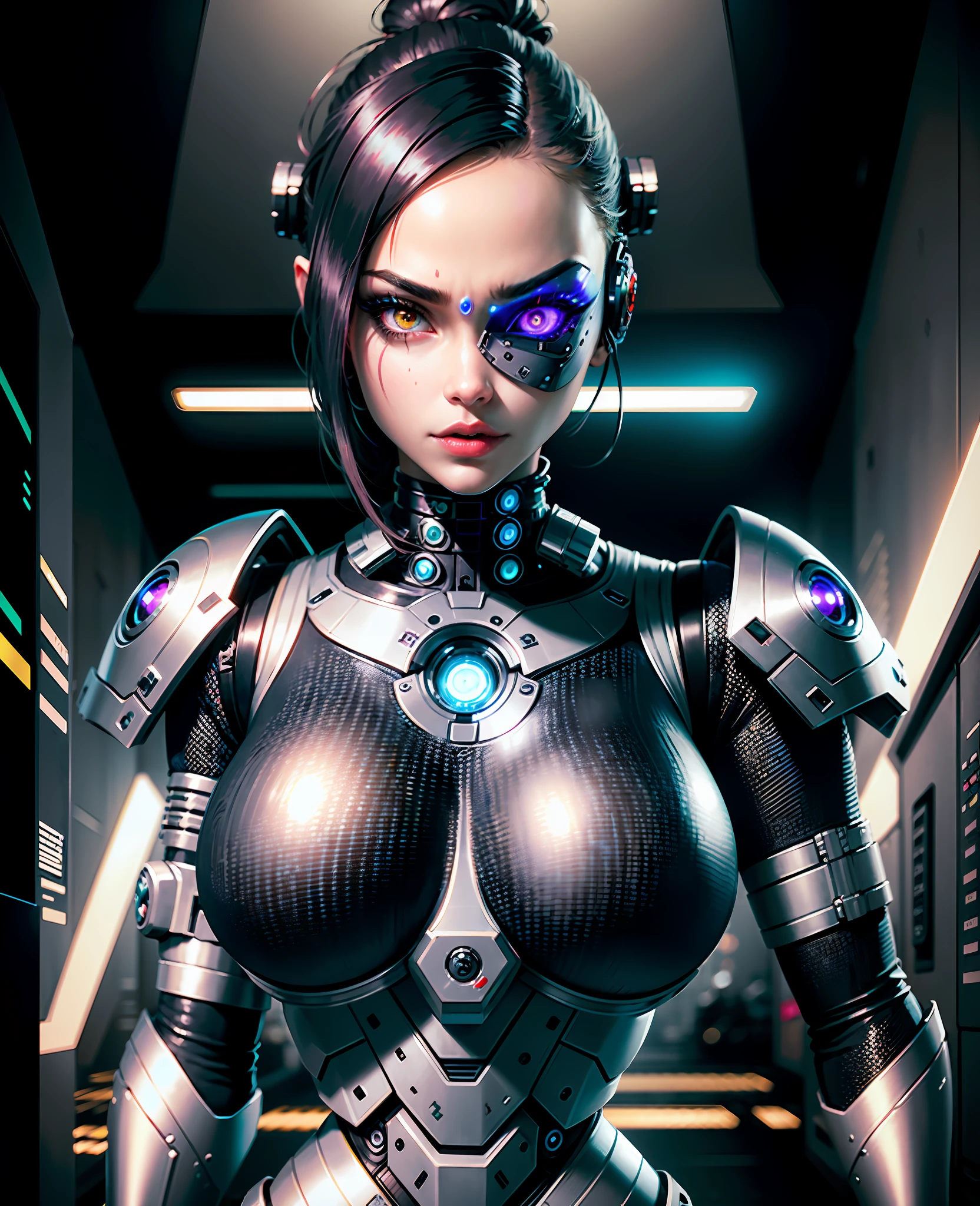 Best quality, high detail, 4K, robot girl(cyberpunk), big breasts, sexbot, thick detailed tattoos on eyes, face and body, separation of facial segments, synthetic hair(with metallic sheen), bionic jaw, cyborg girl, large cybernetic eyes(black sclera of eyes), hard circle eyes, lipstick on lips, bionic armor, futuristic helmet, masterpiece,