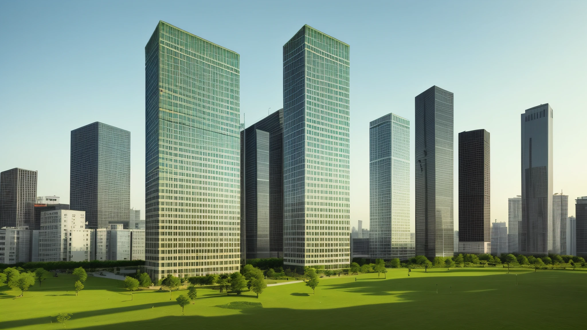 there are two tall buildings in the middle of a green field, tall minimalist skyscrapers, high rise buildings, modern buildings, tall buildings on the sides, with tall glass skyscrapers, industrial giant skyscrapers, city high-rise, highrise buildings, tall thin build, three towers, tall buildings, tall towers, pizza skyscrapers