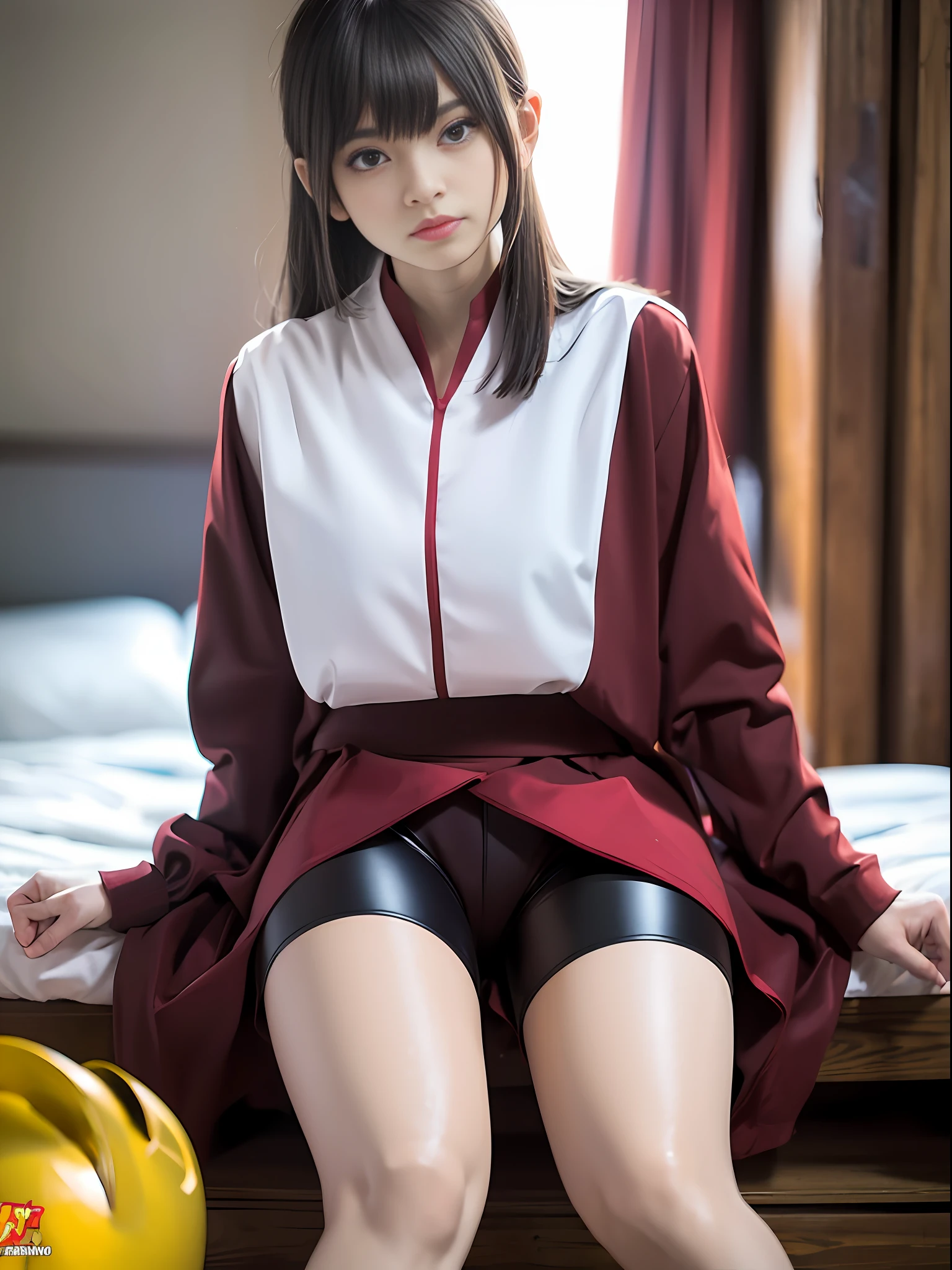 masterpiece, masterpiece, best quality, best quality, real, unity, 8k wallpaper, official art, highly detailed cg unity 8k wallpaper, ulzzang-6500, (original: 1.2), (real: 1.4), ultra detailed, high resolution, ultra detail,fantastic, fine detail, cinematic lighting, ((Long black spandex shorts: 1.37)), ((Less exposed thighs:1.2)), red ninja costumes, ninja, simple costumes, (8k, RAW photos, top quality, masterpiece: 1.27), (realistic, photorealistic: 1.37), one girl, cute, professional lighting, physically based rendering, handsome, masterpiece, top quality, high resolution, bed, sitting on knees.