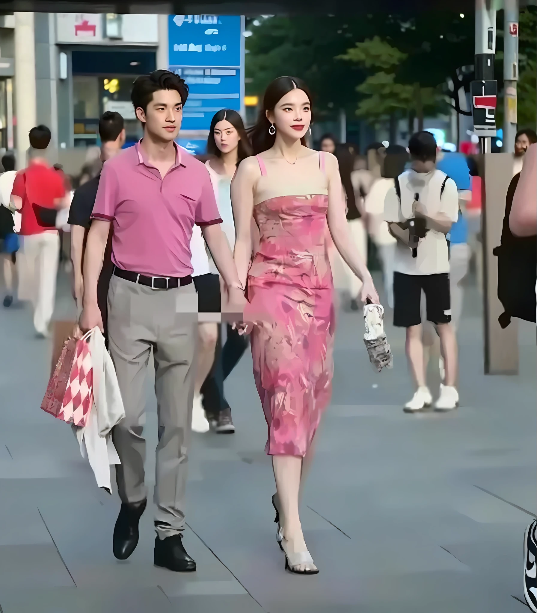 There are two people walking hand in hand on the street, couple, wearing pink dress, very fashionable, wearing dress, wearing expensive clothes, her hand on her waist, very charming and beautiful, couple walking hand in hand, wearing fine skirt, man and woman