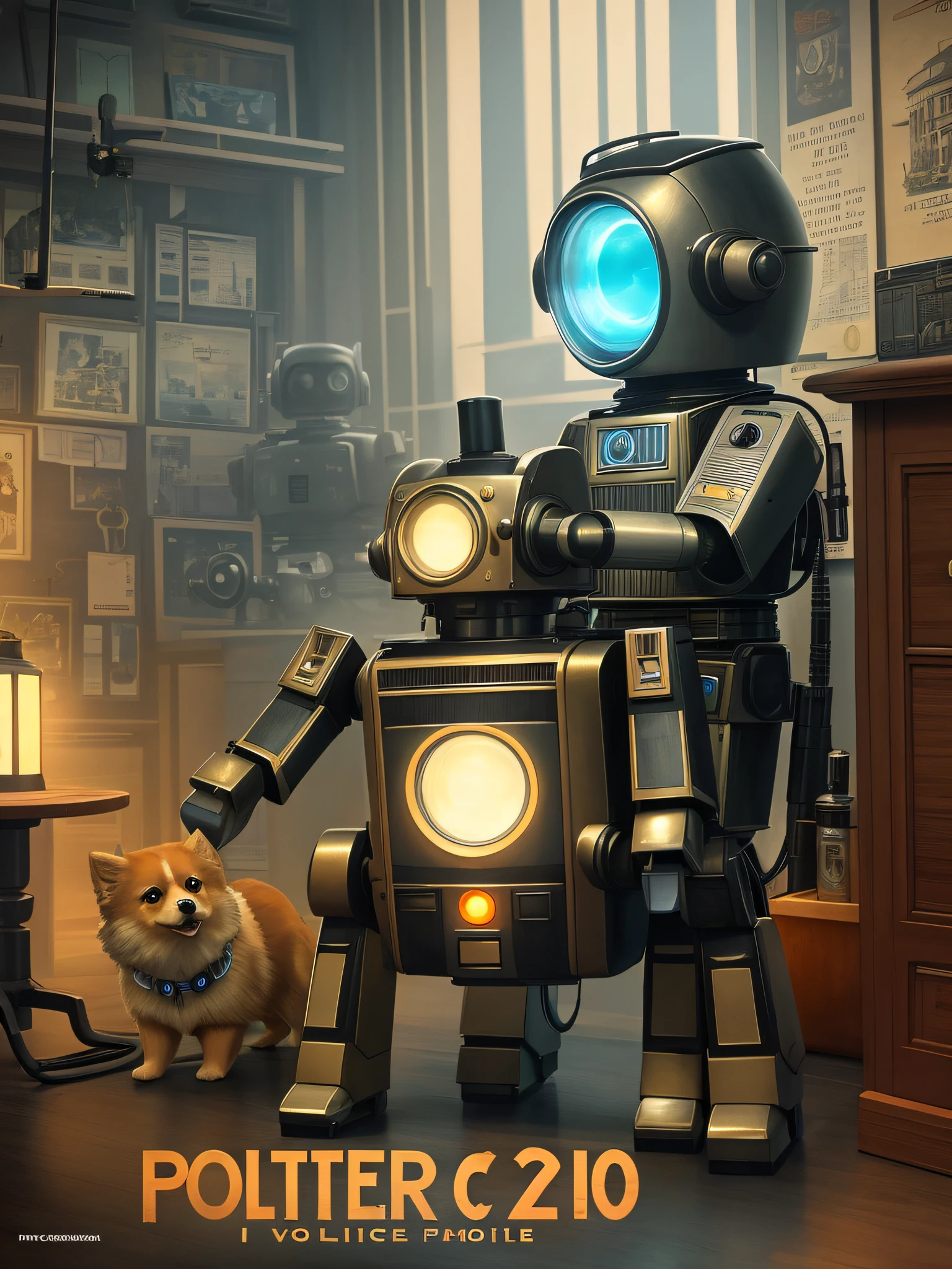 Vintage Medium Shot 1920's Poster, Futuristic electronik vintage police pomeranian dog robot and office with robot effect on the face, 1820's, cozy interior lighting, artstation, detailed, cinematic, daz, hyper-realistic, octane, netflix lighting, with gun in hand