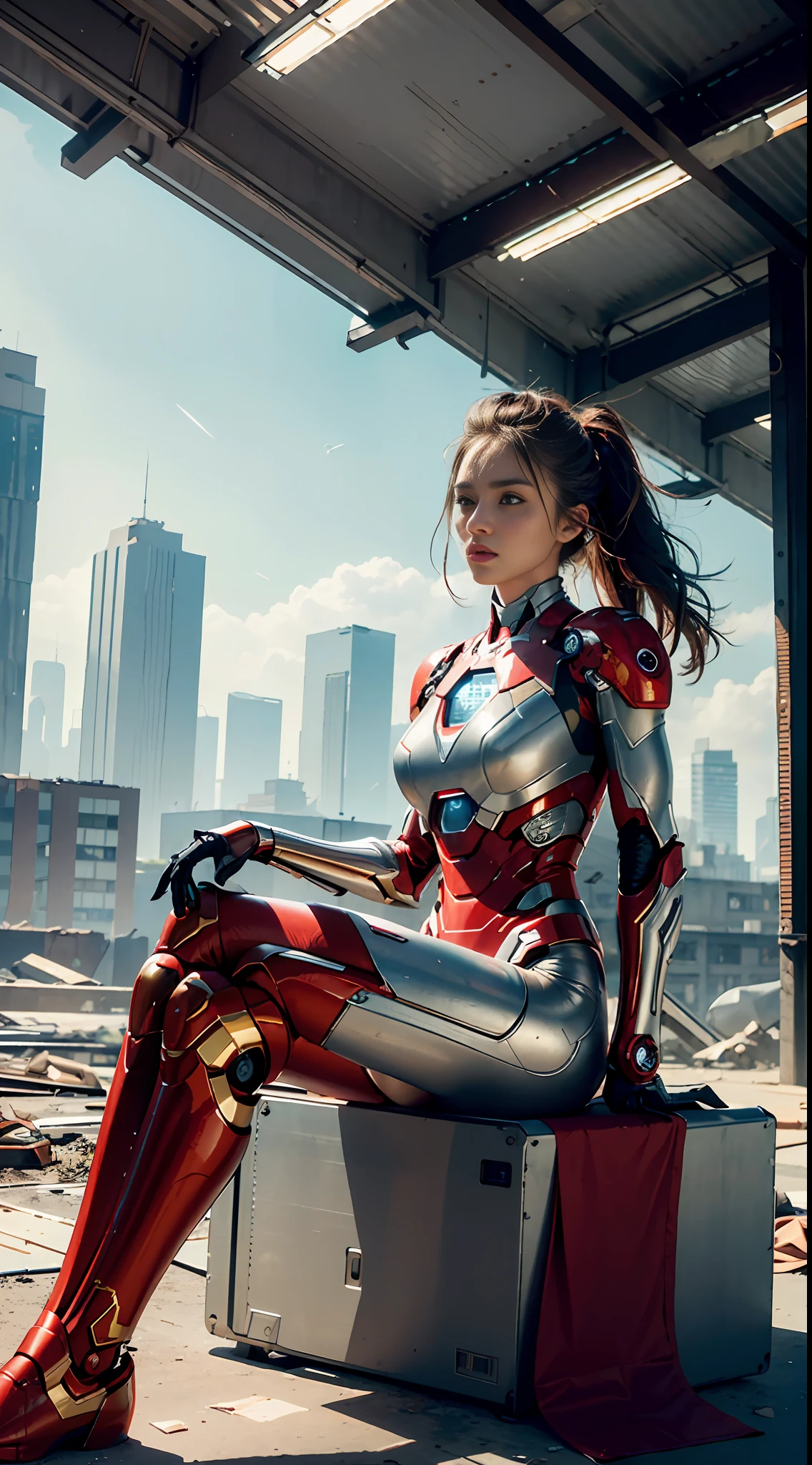 RAW, Masterpiece, Ultra Fine Photo,, Best Quality, Ultra High Resolution, Photorealistic, Sunlight, Full Body Portrait, Stunningly Beautiful,, Dynamic Poses, Delicate Face, Vibrant Eyes, (Side View) , she is wearing a futuristic Iron Man mech, red and gold color scheme, highly detailed abandoned warehouse background, detailed face, detailed and complex busy background, messy, gorgeous, milky white, high detailed skin, realistic skin details, visible pores , sharp focus, volumetric fog, 8k uhd, dslr camera, high quality, film grain, fair skin, photorealism, lomography, sprawling metropolis in futuristic dystopia, view from below, translucent
