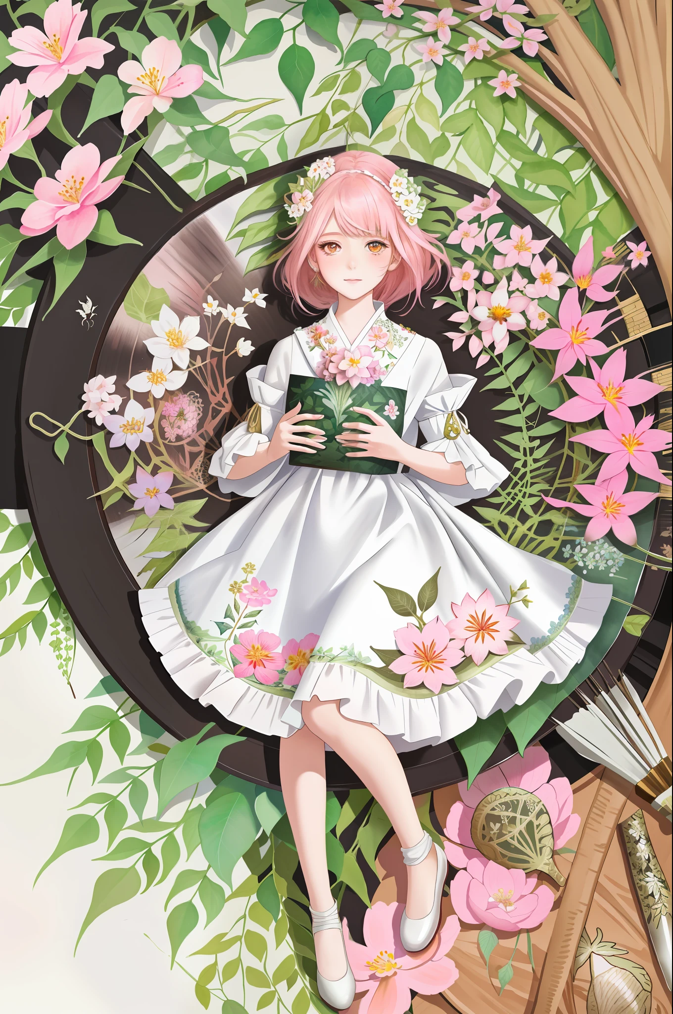 watercolor, masterpiece, best quality, extremely detailed, 1girl, full body, beautiful detailed eyes, cute anime face, full body, beautiful detailed face, pink hair, (Botanical illustration:1.5), white dress, white legwear
