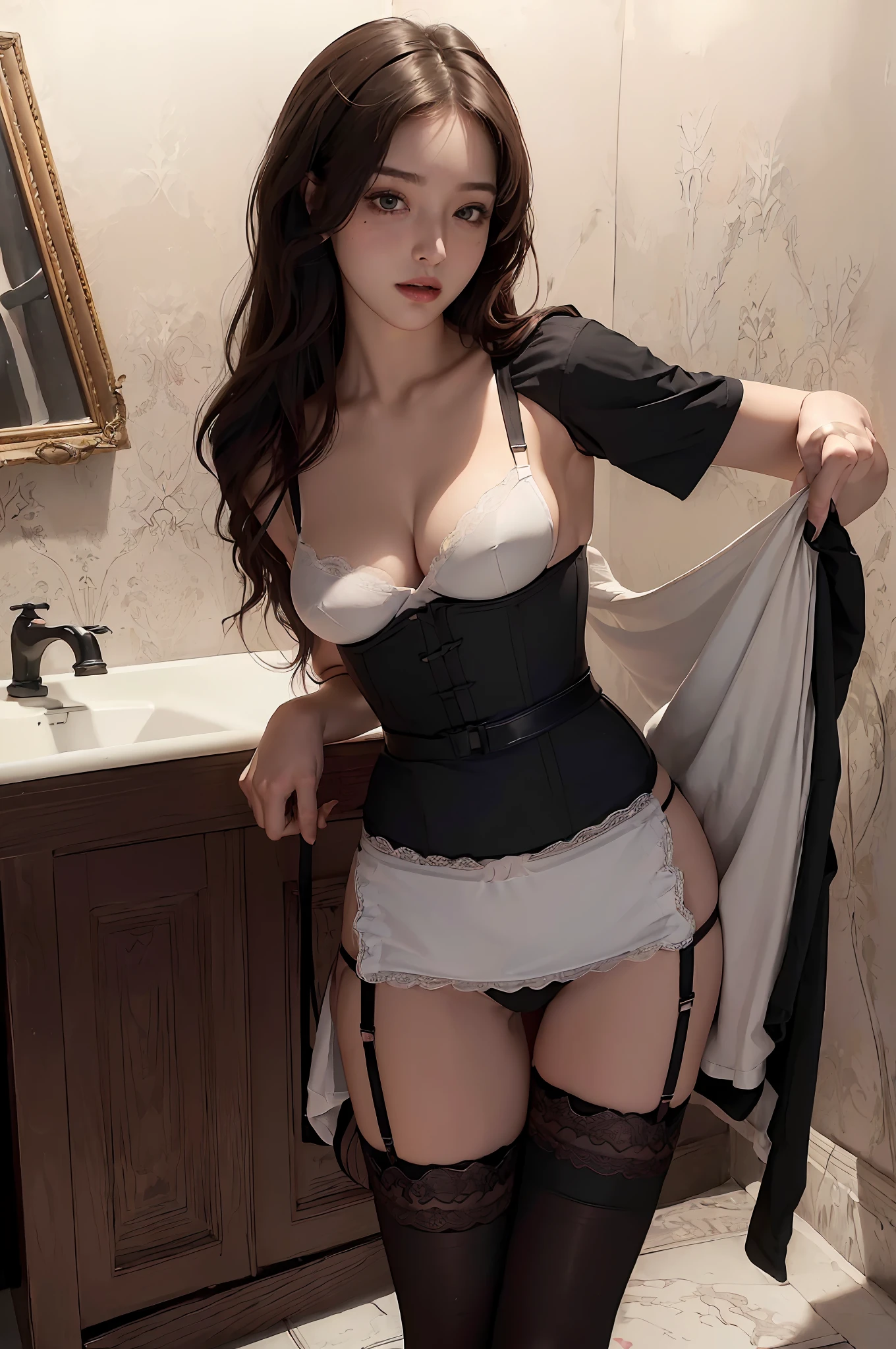 (Ultra Real), (Illustration), (High Resolution), (8K), (Very Detailed), (Best Illustration), (Beautiful Detailed Eyes), (Best Quality), (Ultra Detail), (Masterpiece), (Wallpaper), (Detailed Face), Solo, (Dynamic Pose), One Girl, (red_wavy_layer_bob_hair In Bathroom, Korean, Iris Unusual Eyes, Small Moles Under Eyes, (((Apron)) , Small breasts, Long legs, Tighten abs, (Camel toes), (Black stockings), (Lace V-neck_corset),(thong_panties),(black_high_heels), Open legs, (garter_belt)(Ultra realistic), (Illustration), (High Resolution), (8K), (Very detailed), (Best Illustration), (Beautiful Detailed Eyes), (Best Quality), (Ultra Detail), (Masterpiece), (Wallpaper), (Detailed Face), Solo, (Dynamic Pose), 1 Girl, (red_wavy_layer_bob_hair),(In bathroom), Korean, Iris Heterochromic Eyes, Small moles under the eyes, (((Apron)), Small breasts, Long legs, Tighten abs, (Camel Toe), (black_stockings), ( black_thin_shirt), (lace_v-neck_bra), (thong_panties), (black_high_heels), open leg, (garter_belt)