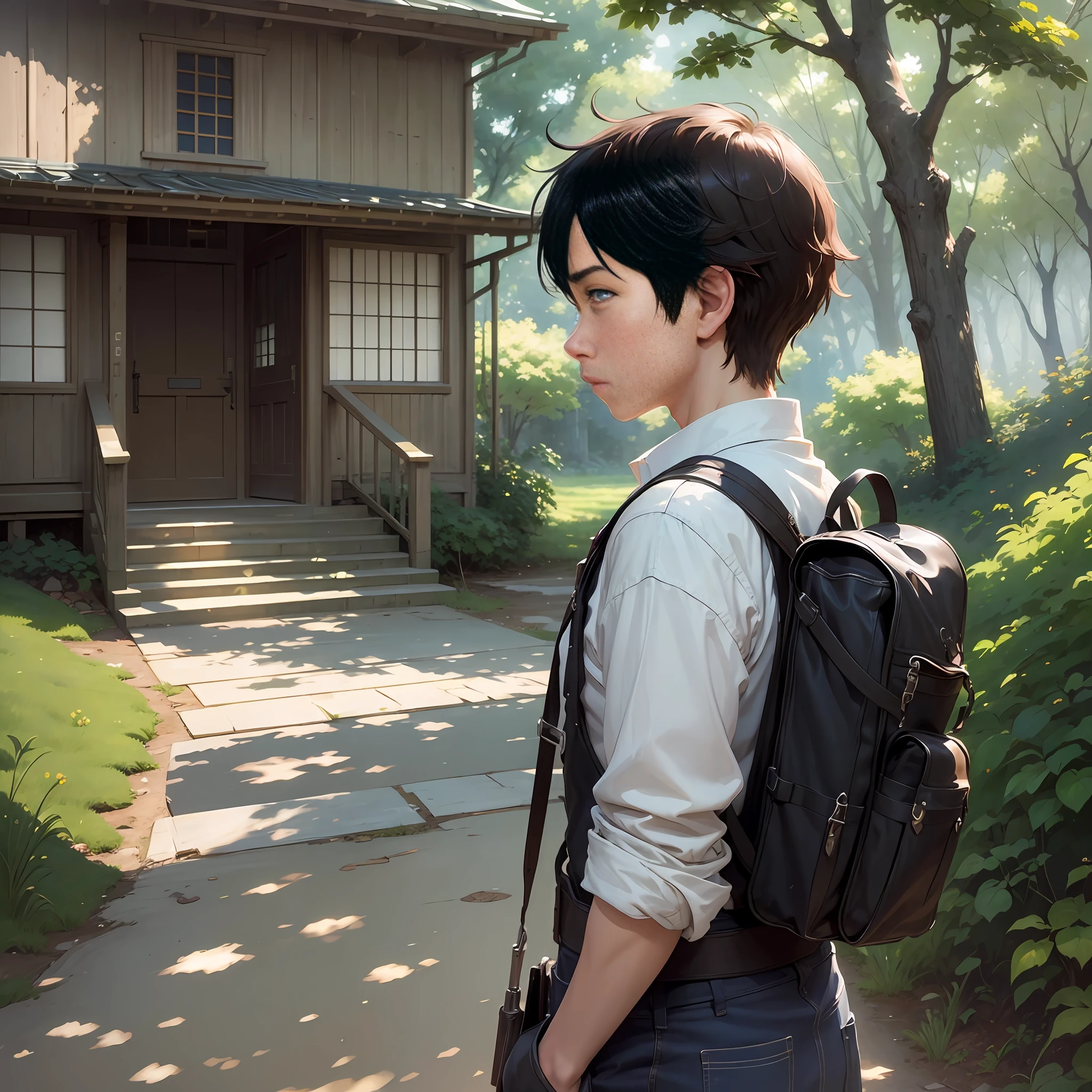 (((side view)))of a boy of ((6 ))happy going to school in the countryside ((which is in front of him)), simple art inspired by the visual style of the studio ghibli, baroque oil painting anime key visual full-body portrait concept art, grimdark brutalist fantasy, noble dictator kuudere, pixiv fan box of trend, rule of thirds golden ratio , by Greg Rutkowski Wlop Makoto Shinkai Takashi Takeuchi Studio Ghibli Jamie Wyeth --auto --s2