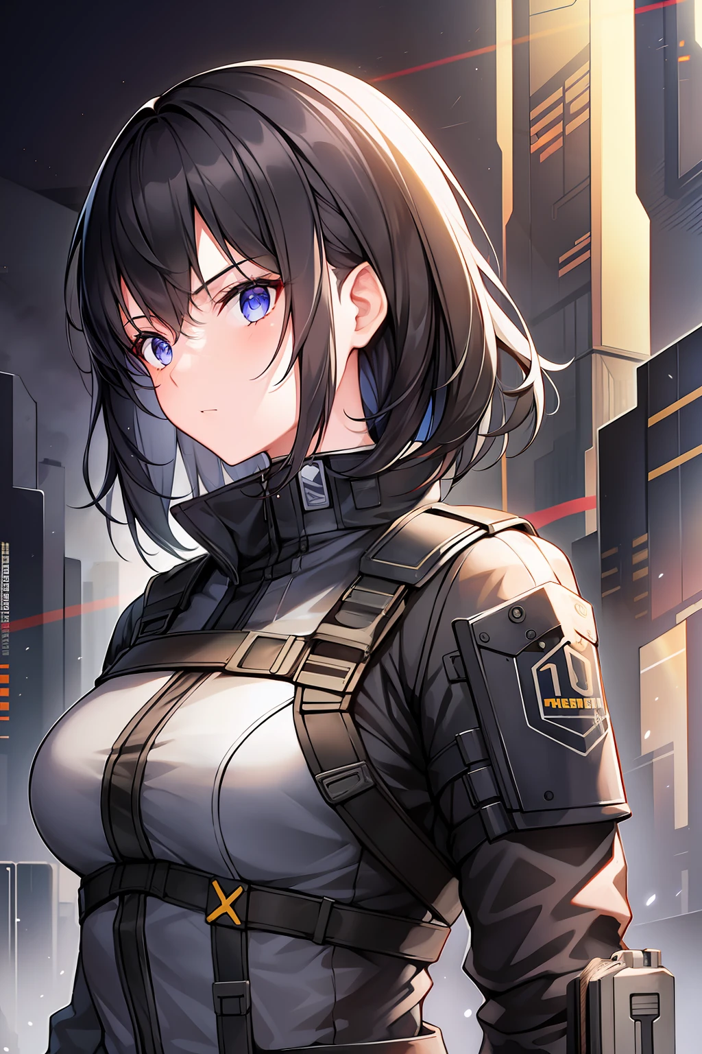 1girl, standing, holding a rifle, determined, black hair, medium hair, black hair, black bodysuit, harness, futuristic, sci-fi, portrait, masterpiece,