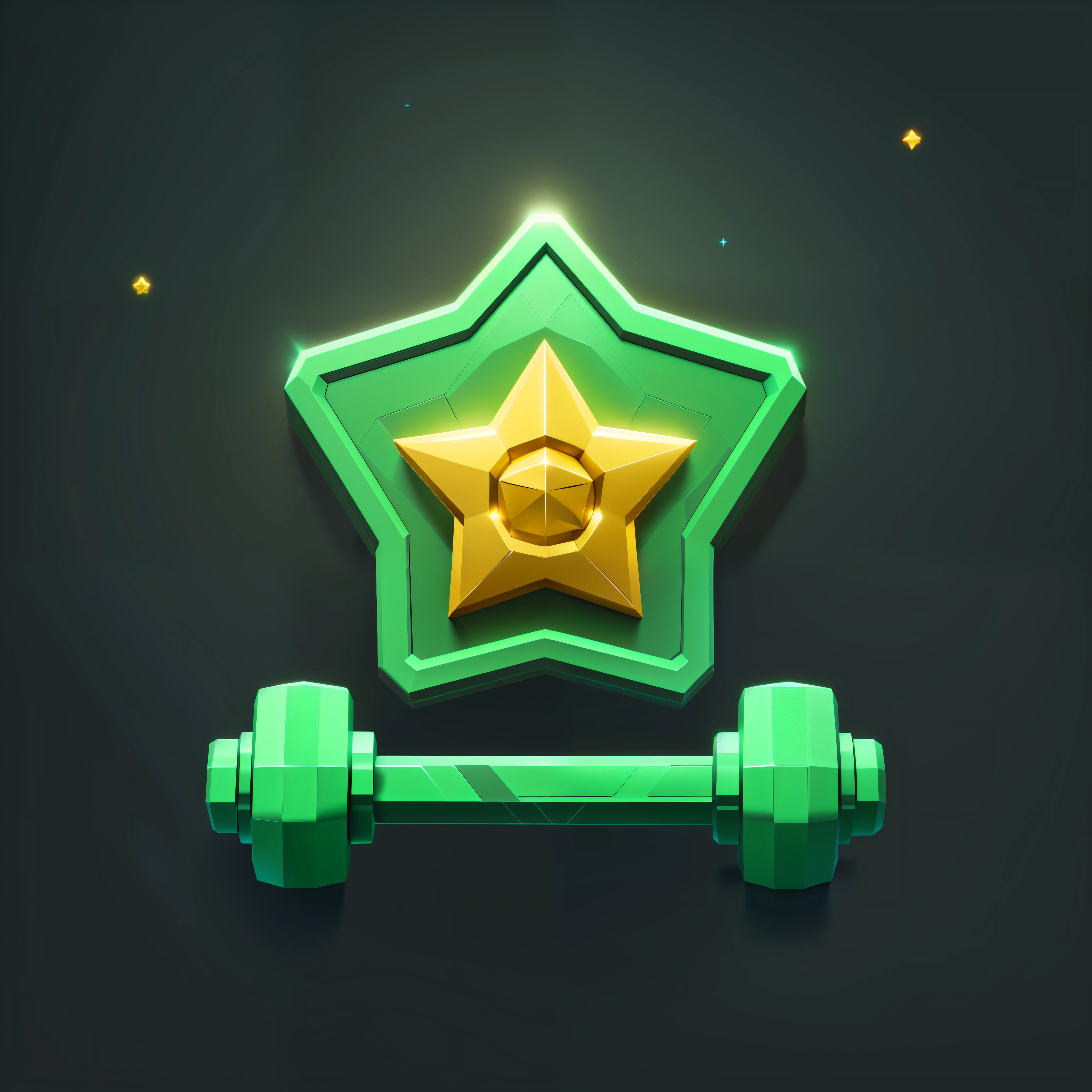 Close-up of star object with barbell, 3D icon for mobile game, game icon stylization, game icon asset, item art, mobile game asset, game UI asset design, game asset, brawl star, stylized 3D, stylized game art, ability image, legendary item, bronze material, with number one, muscular! Green, 2D game asset