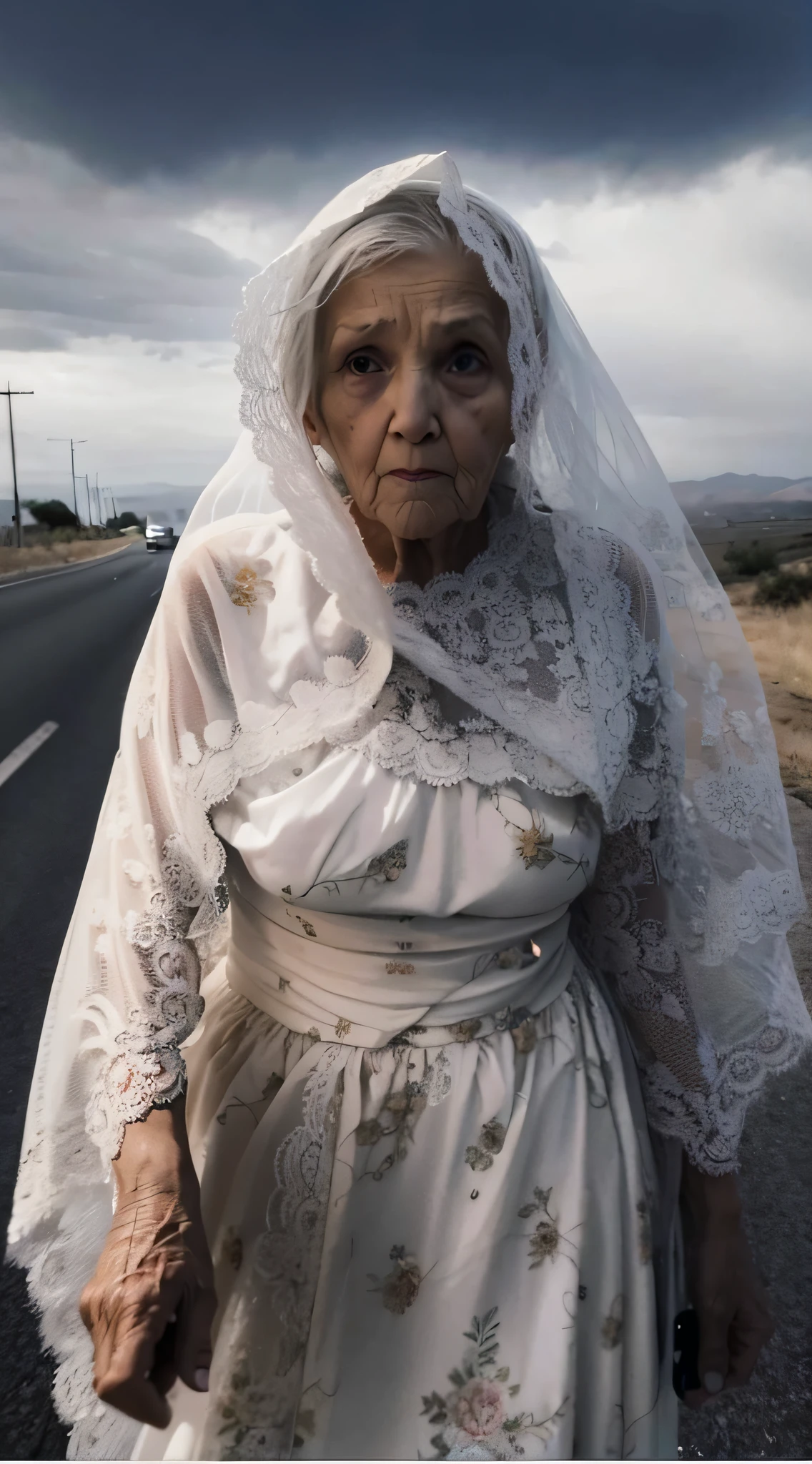 an old woman in a white dress and a veil on a road, old lady, old woman, la llorona, scary photography, , very scary photo, horror photography, scary spiritual scary image