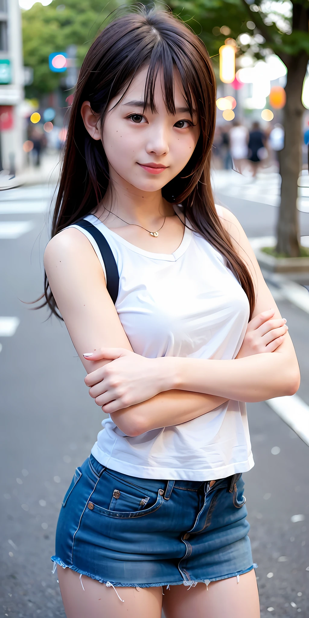 1 girl, Tokyo Street, 18 years old, daytime, downtown. upper body, close-up, sleeveless, ultra miniskirt, smile, (8k, RAW photo, top quality, masterpiece: 1.2), (realistic, photoreal: 1.37),