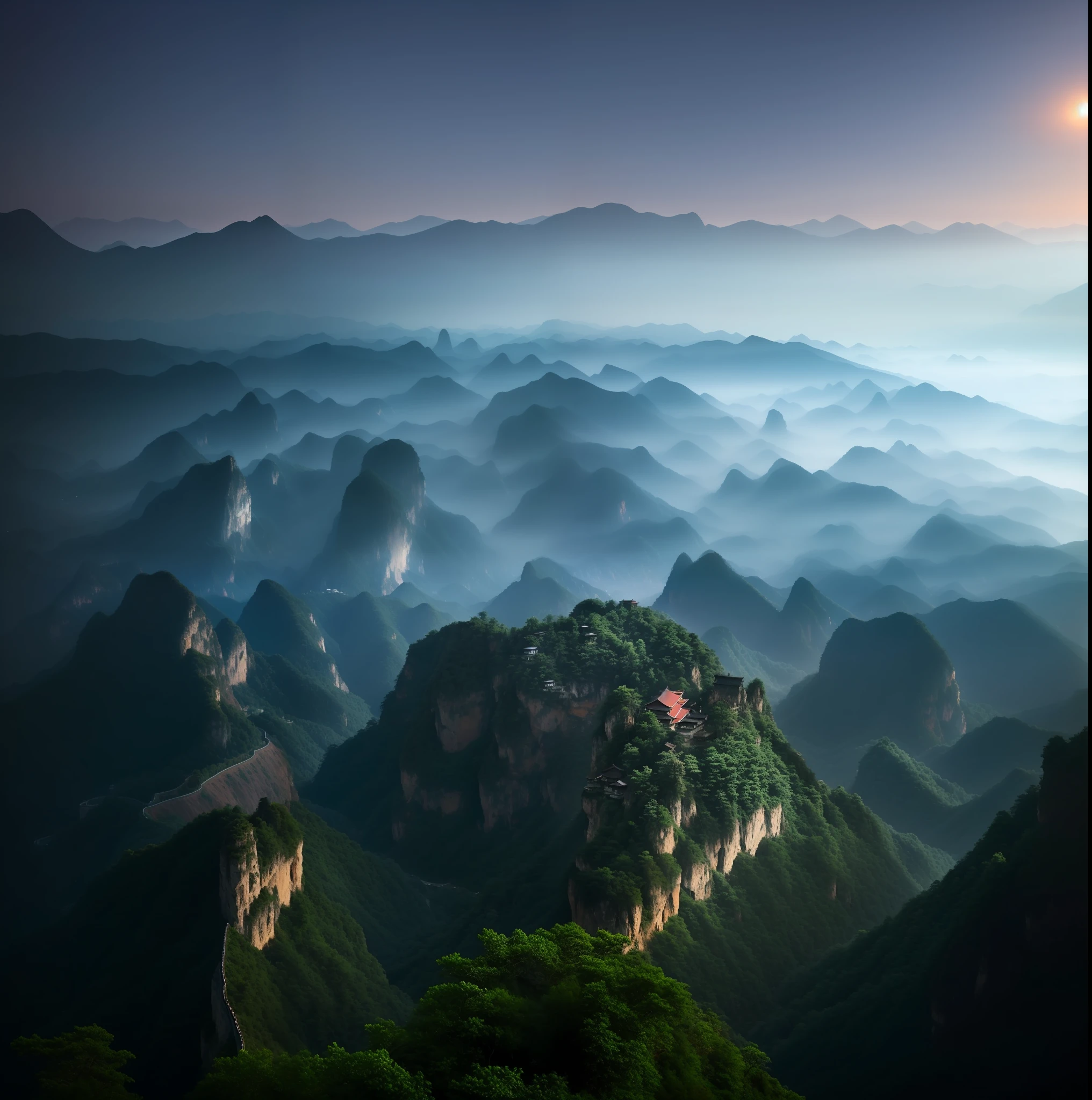 mountains with a small red building on top of them, by Cheng Jiasui, chinese landscape, by Yuan Jiang, an amazing landscape image, zhangjiajie in early morning, by Liu Haisu, by Raymond Han, breathtaking mountains, by Xia Yong, floating mountains, incredibly beautiful, by Ren Xiong, zhangjiajie national forest park