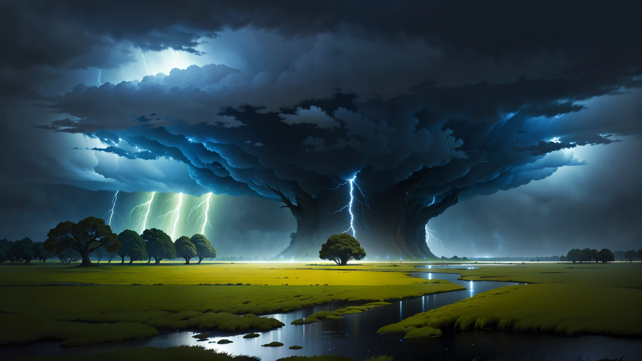 High quality, master quality, 4k, midnight rain, highly detailed, thunder storm, dark stormy clouds, rushing wind, plain grass landscape, wet lands, few giant trees, even lighting, dramatic lighting, anime style