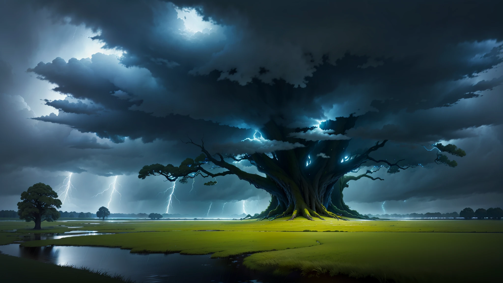 High quality, master quality, 4k, midnight rain, highly detailed, thunder storm, dark stormy clouds, rushing wind, plain grass landscape, wet lands, few giant trees, even lighting, dramatic lighting, anime style