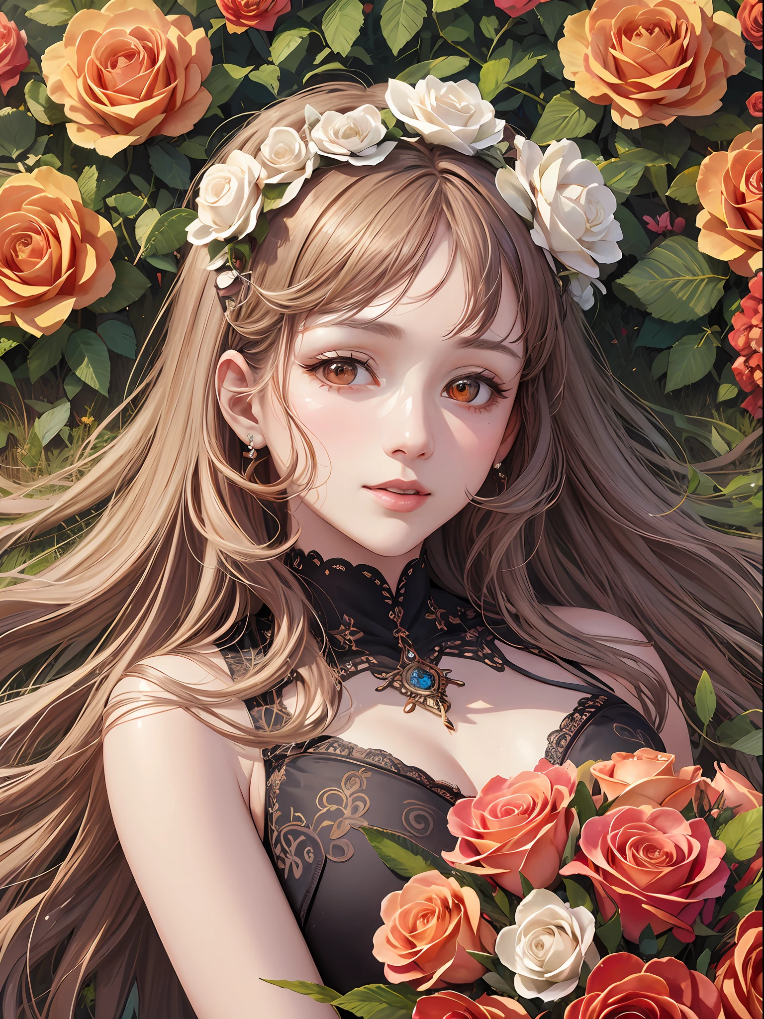 Masterpiece, Best Quality, Art, Art, Very Realistic, Smile, Soft Expression, Delicate Expression, Realistic Human, Upper Body, Eyes Frontal, Beautiful and Aesthetic: 1.5, Very Detailed, Colorful, Best Detailed, Clear Lines, Delicate Hair, Delicate Skin Tone, Realistic Skin Texture, Adult Woman, Light Mixed, Playful Pattern, Realistic Texture, Lively Texture, Bewitching, Delicate Texture, rich colors, rose hair ornament, bouquet of roses, simple dress, orange eyes, long hair, variegated colors, unique visual effects, red and white roses on background, sunshine