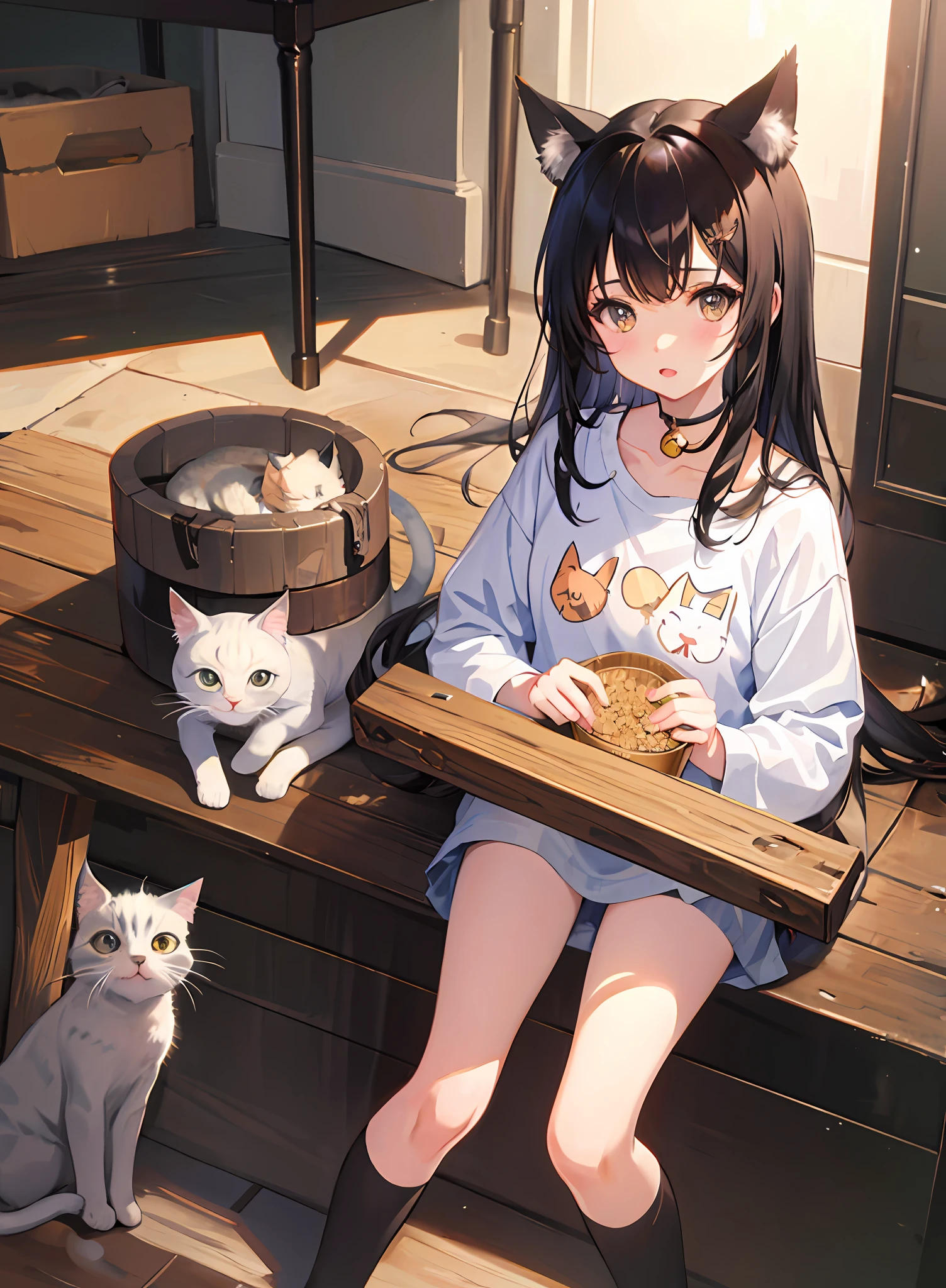 cute neko girl holding a cat surrounded by cat litter boxes and walls covered in cat paintings, featuring a highly detailed and expressive facial expression.