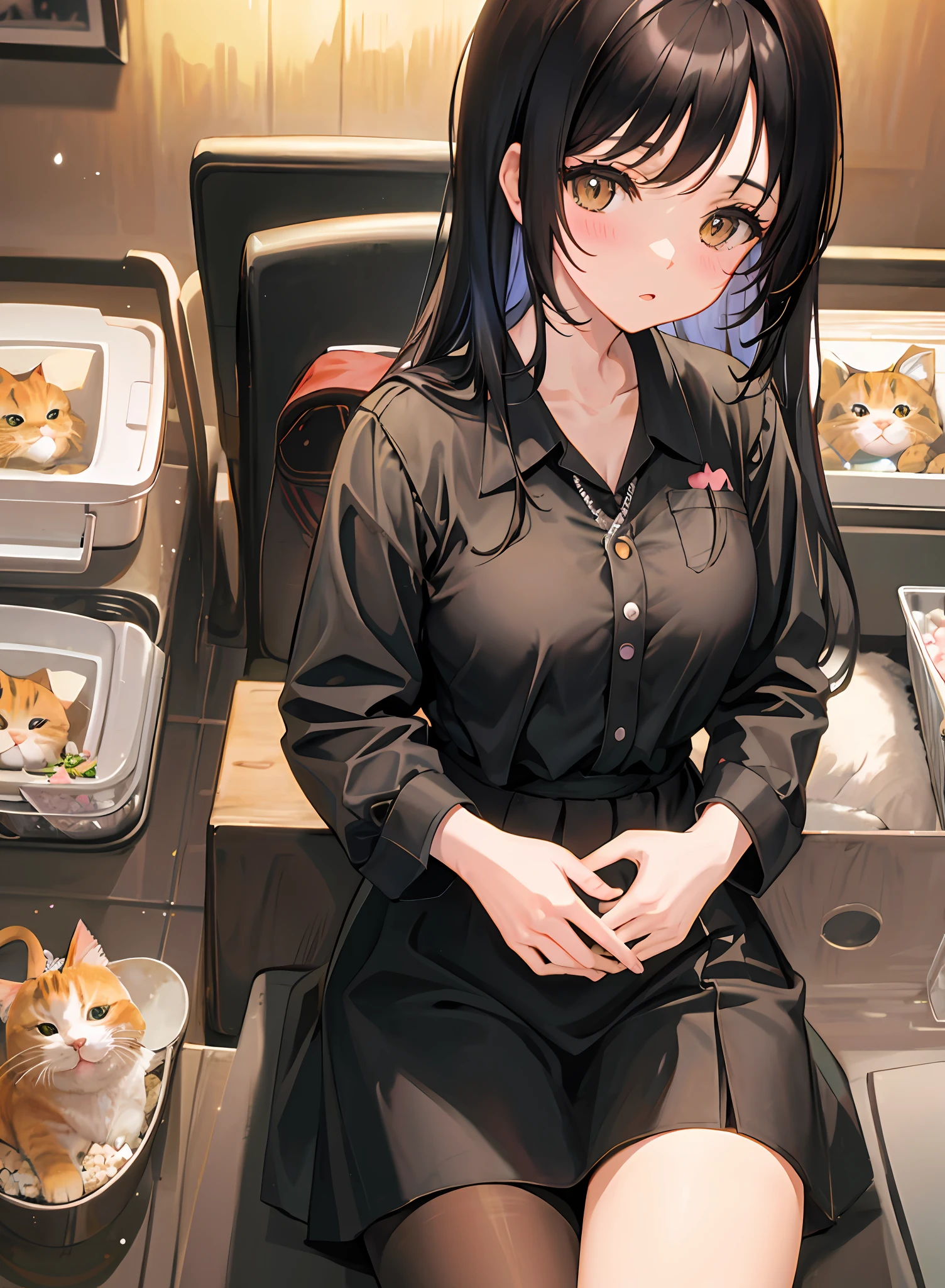 cute neko girl holding a cat surrounded by cat litter boxes and walls covered in cat paintings, featuring a highly detailed and expressive facial expression.