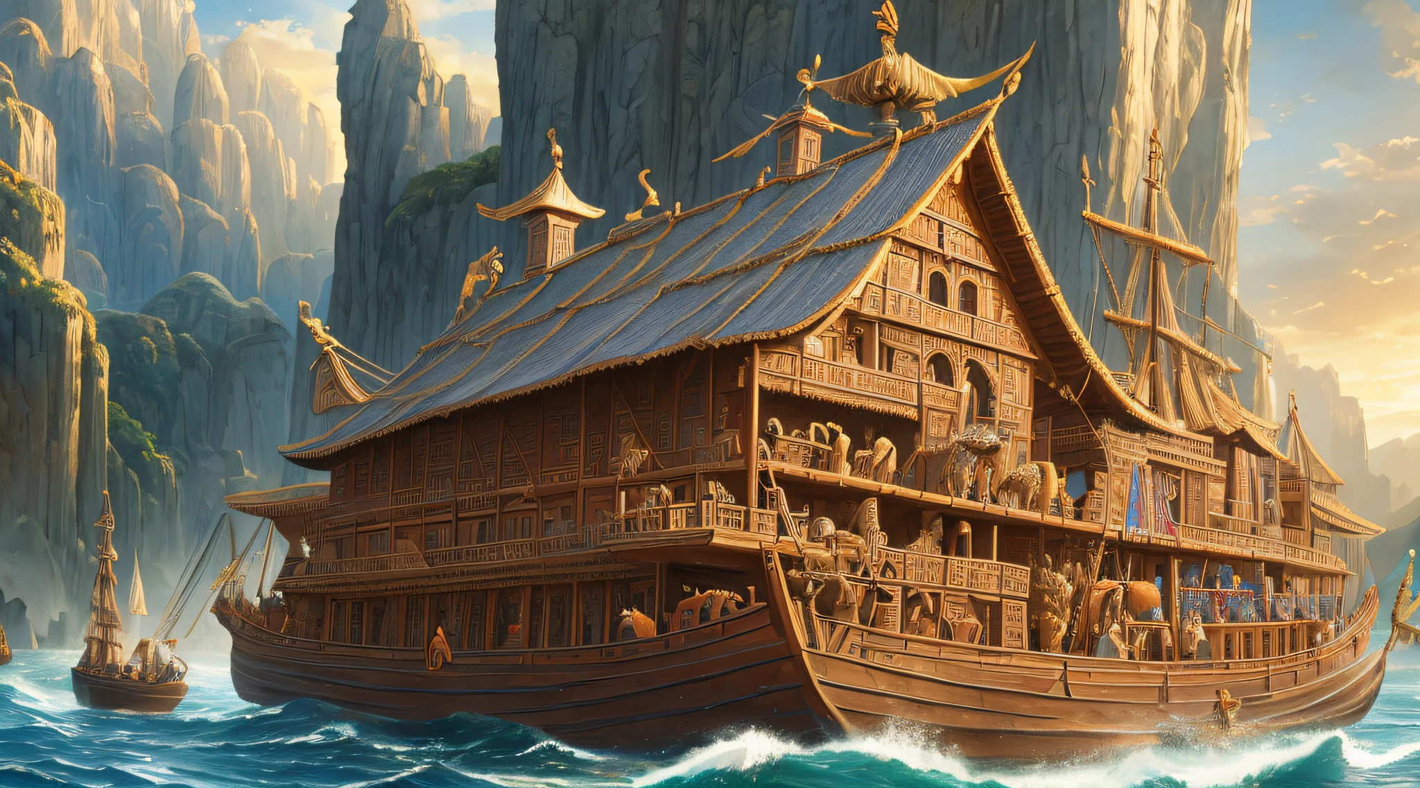 masterpiece, best quality, Noah's ark, with a variety of animals of different sizes, colors and shapes, outdoors, extremely detailed CG unit 8k wallpaper, intricate details, best ratio four fingers and a thumb, clothes from the time of biblical times of the Old Testament, late, better light and shadow, serious, ointment, depth of field --auto --s2