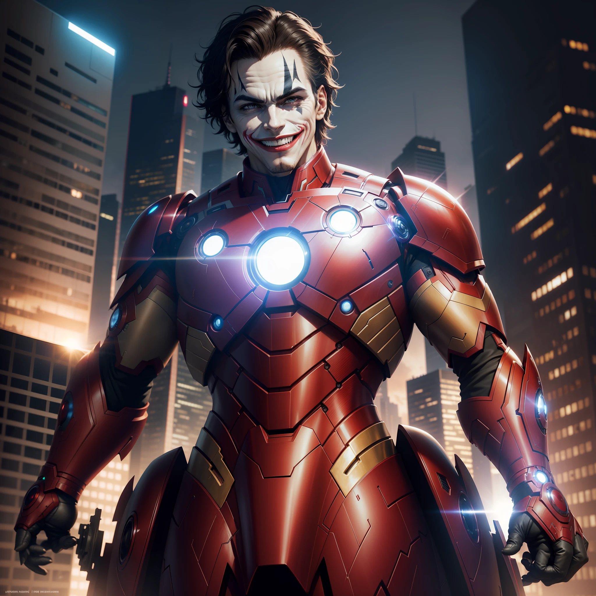 joker with iron man armor on top of a building in new york, crazy smile, high detail, Futurism, Luminism, modern, cinematic lighting, panorama, lens flare, Sony FE GM, best quality, UHD, super detail, 4K, masterpiece