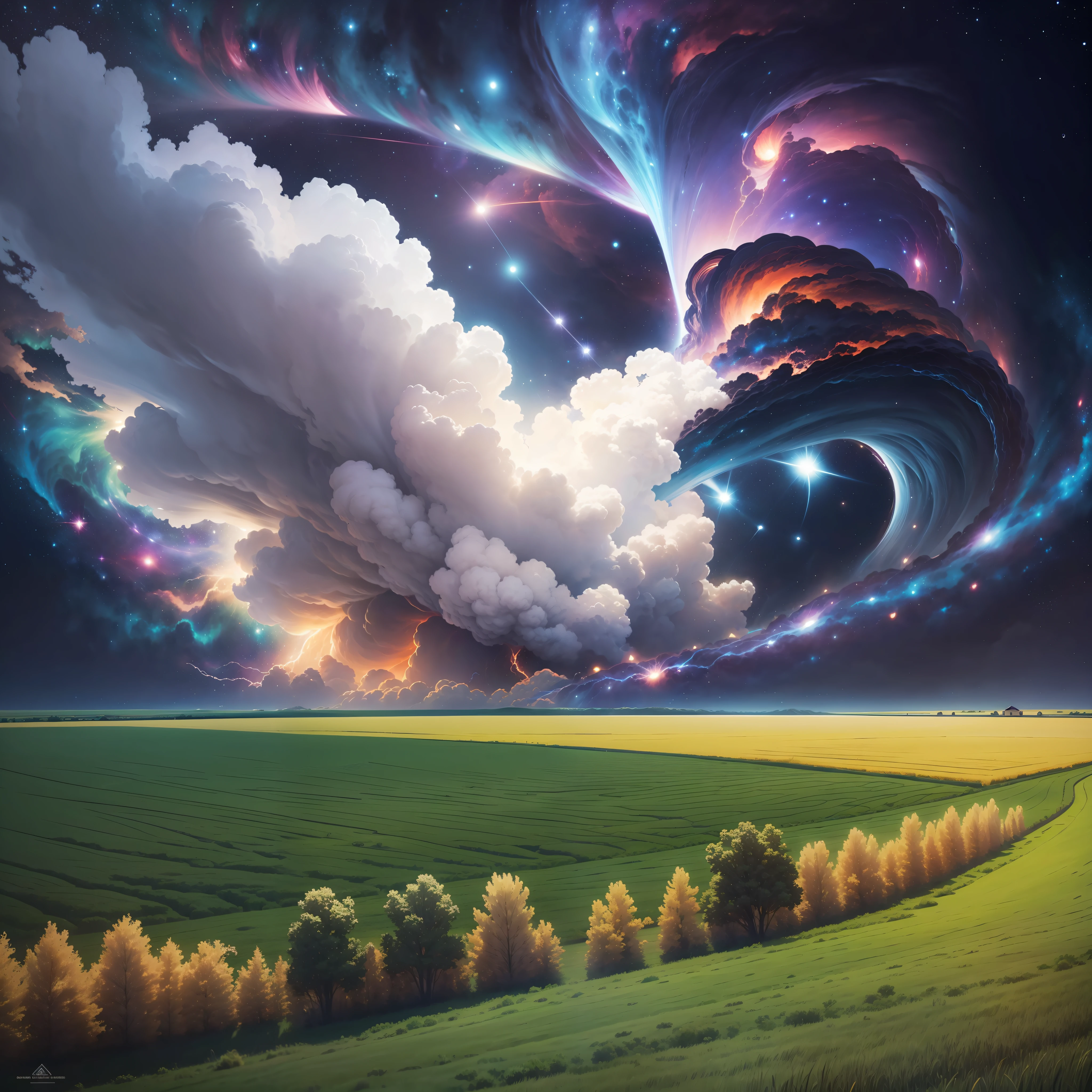 a gigantic tornado of wind reaching the galaxies, leaving small houses in a field, grand, fantastic, highly detailed, ultra realistic, ultra HD image, very high resolution, 32k --auto --s2