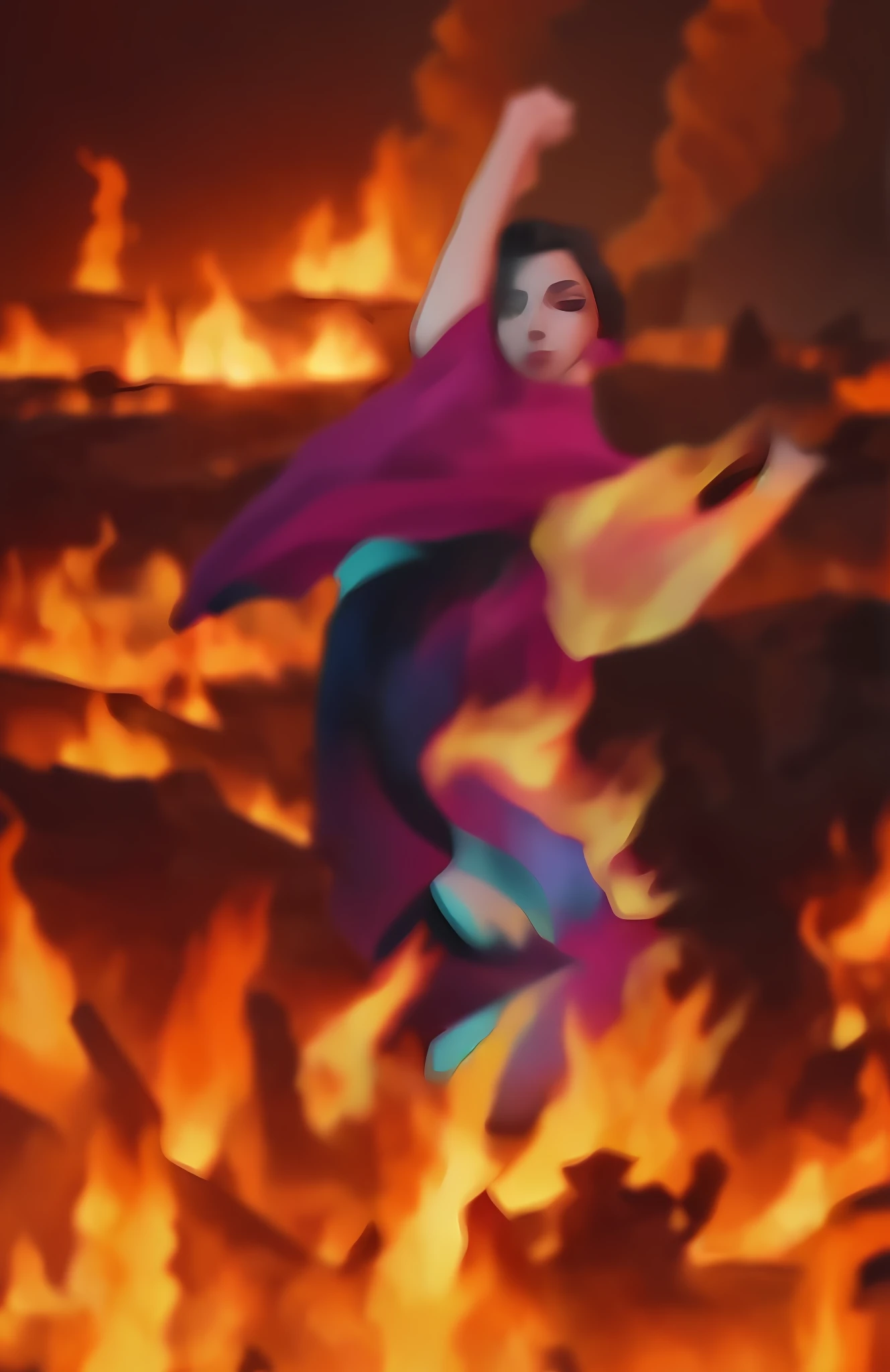 Masterpiece, 8k, Woman in Pink Shirt Standing in front of Fire, Waving Fan, Goddess of Fire, Giantess of Fire, Her Body Made of Fire, Catching Fire, Goddess of Fire, Burning in Hell, Hellfire, Alena Aenami and ArtGerm, She Has the Power of Fire, Flames Surround Her, DeviantArt ArtStation CGSCOSIETY, Burning Battlefield Background,