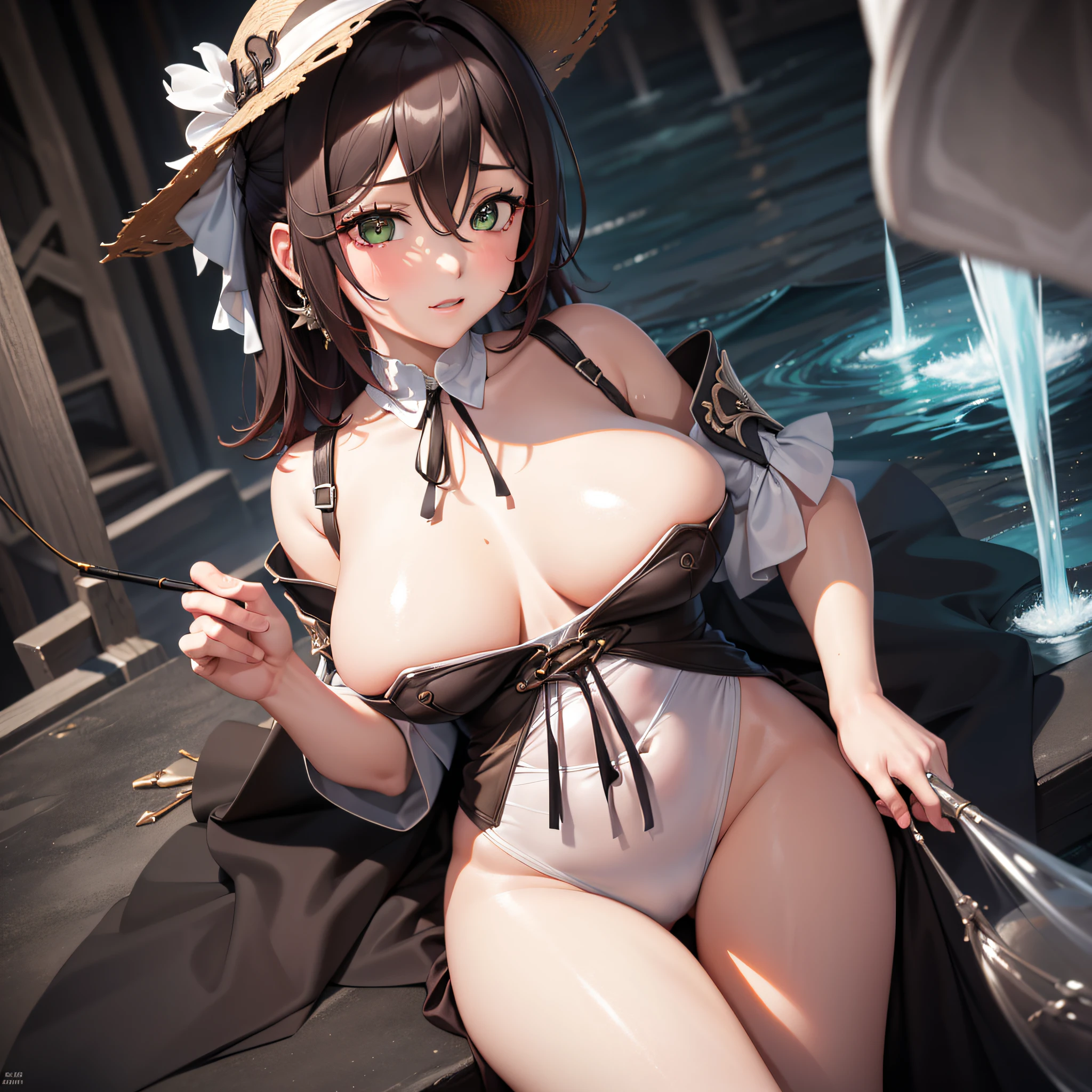 masterpiece, (best quality, absurd, ultra detailed, highres: 1.1), (Solo:1.3), mature adult woman, BREAK 1girl, large_breasts, shiny skin, fishing net, (undertaker: 1.3), volume of light,