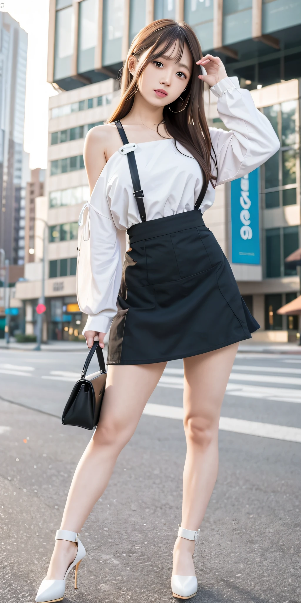 mix4, 20d, Solo, long_hair, Nanase Nishino, Haruka Kaki, Miniskirt, Apron, high_heels,full_body, look_at_viewer, (8K, RAW photography, best quality, masterpiece:1.2), (Realistic, Photorealistic: 1.37), Professional Lighting, Photon mapping, Radio City, Physically Based Rendering