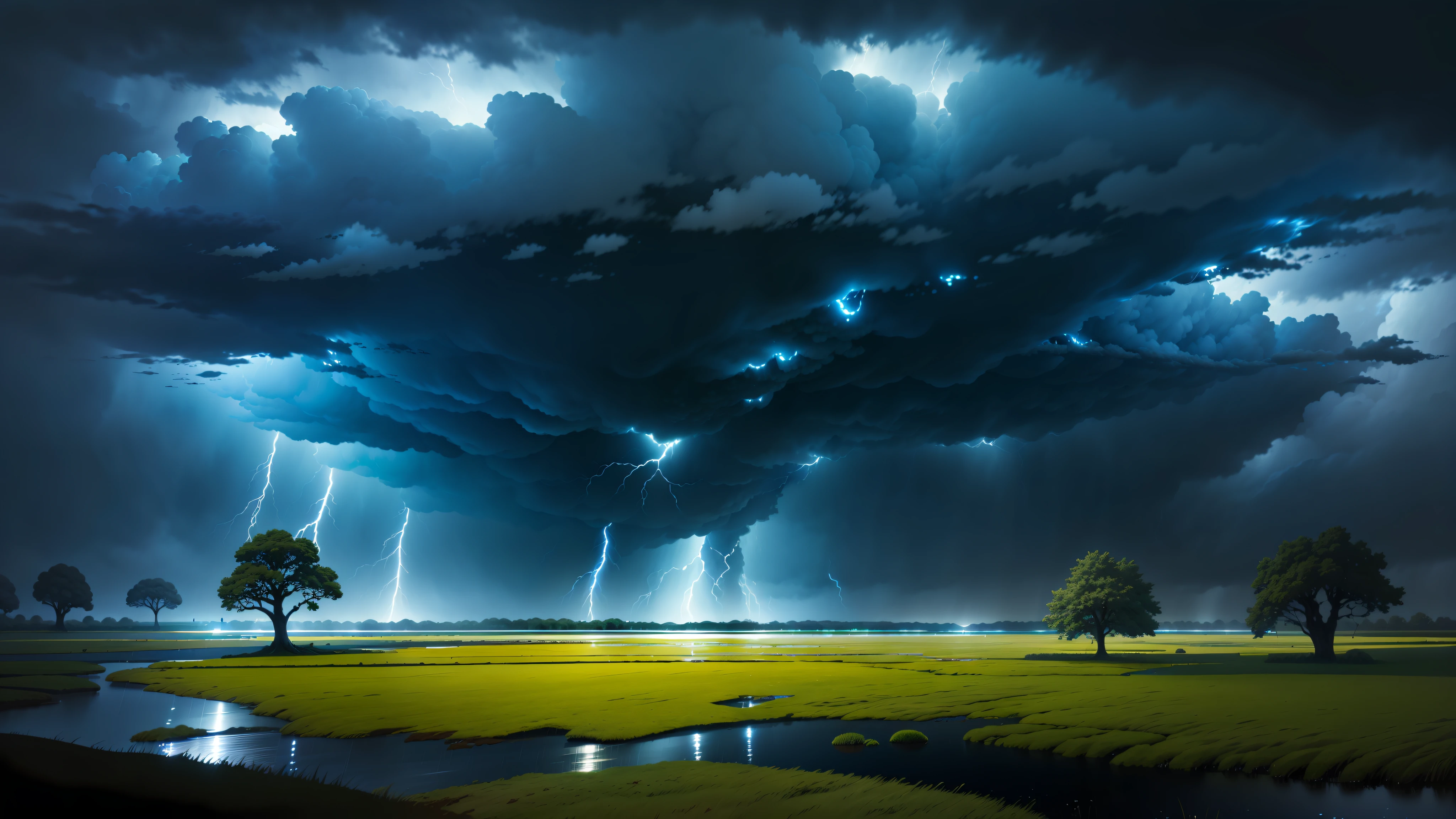 High quality, master quality, 4k, midnight rain, highly detailed, thunder storm, dark stormy clouds, rushing wind, plain grass landscape, wet lands, few giant trees, even lighting, dramatic lighting, anime style
