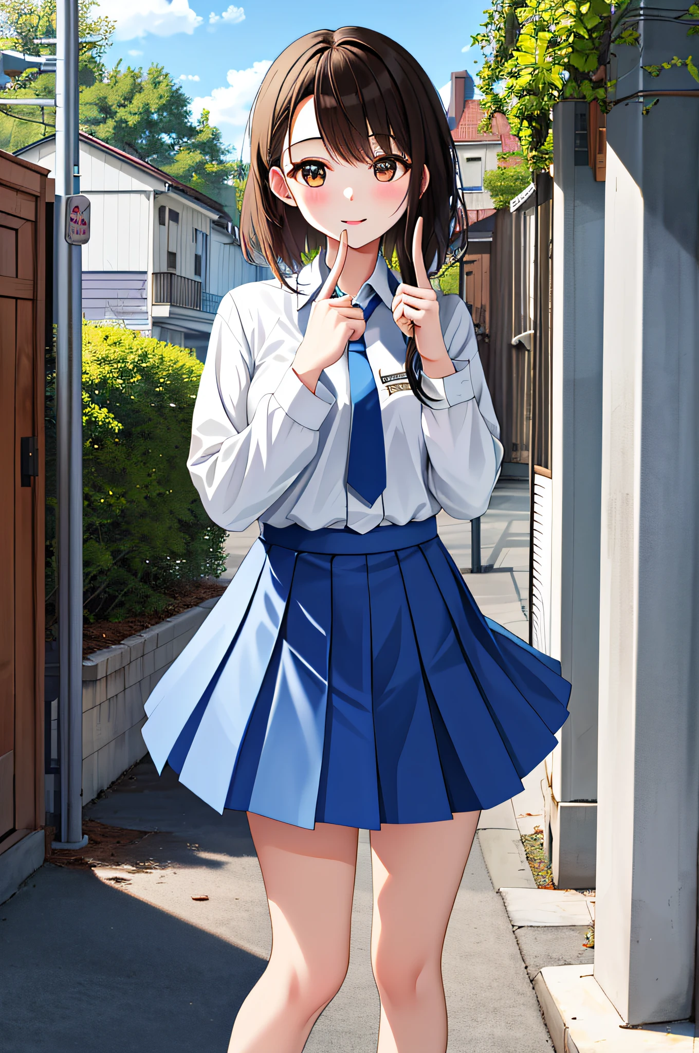 Masterpiece, Best Quality, Hi-Res, (ONDR: 1.1), 1 Girl, Uniform, Skirt, Serafuk, Blue Skirt, Pleated Skirt, Cowboy Shot, Tie, Outdoor, Standing, Hands {Finger} Kawaii {Finger} Hand,