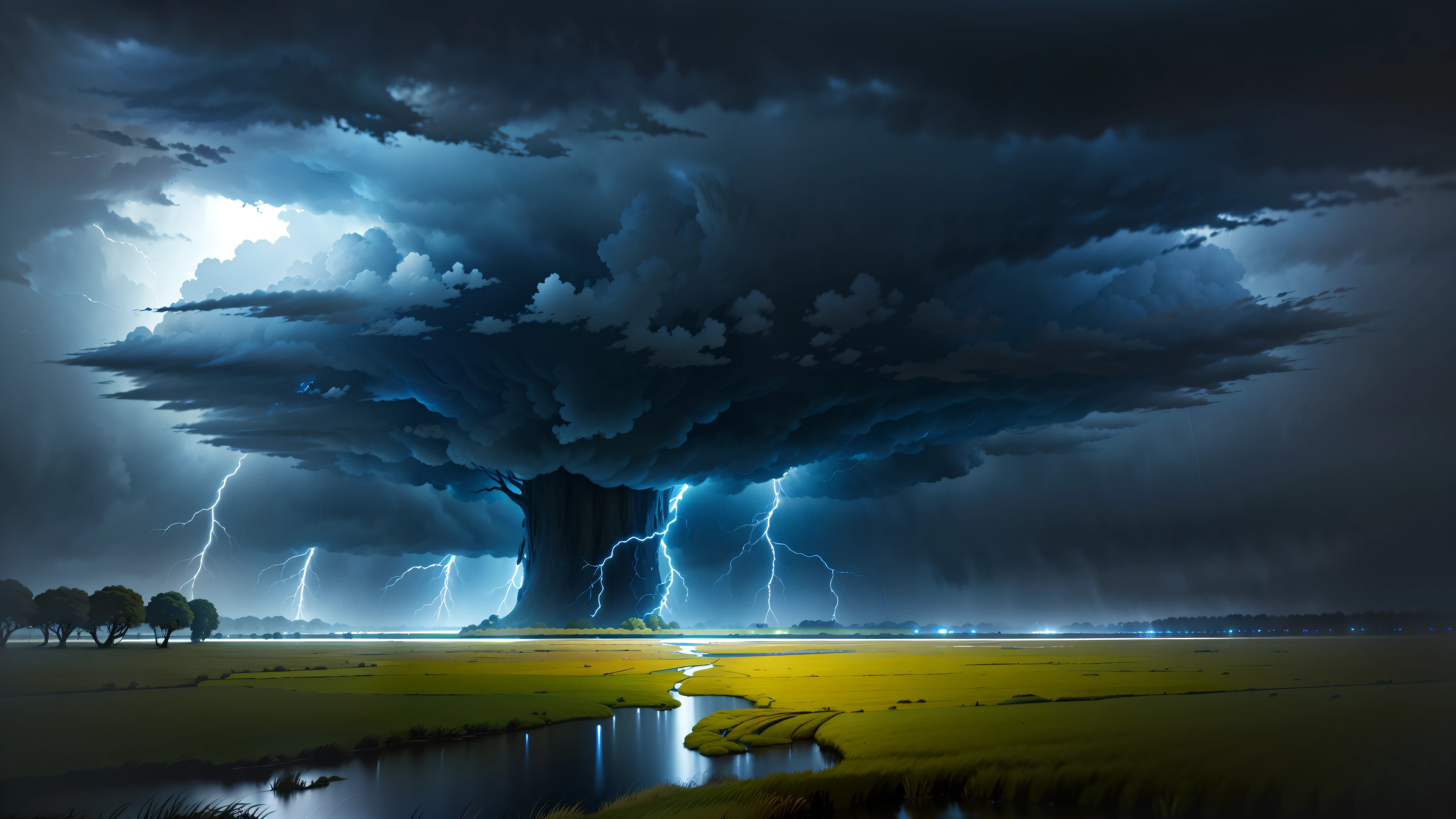 High quality, master quality, 4k, midnight rain, highly detailed, thunder storm, dark stormy clouds, rushing wind, plain grass landscape, wet lands, few giant trees, even lighting, dramatic lighting, anime style
