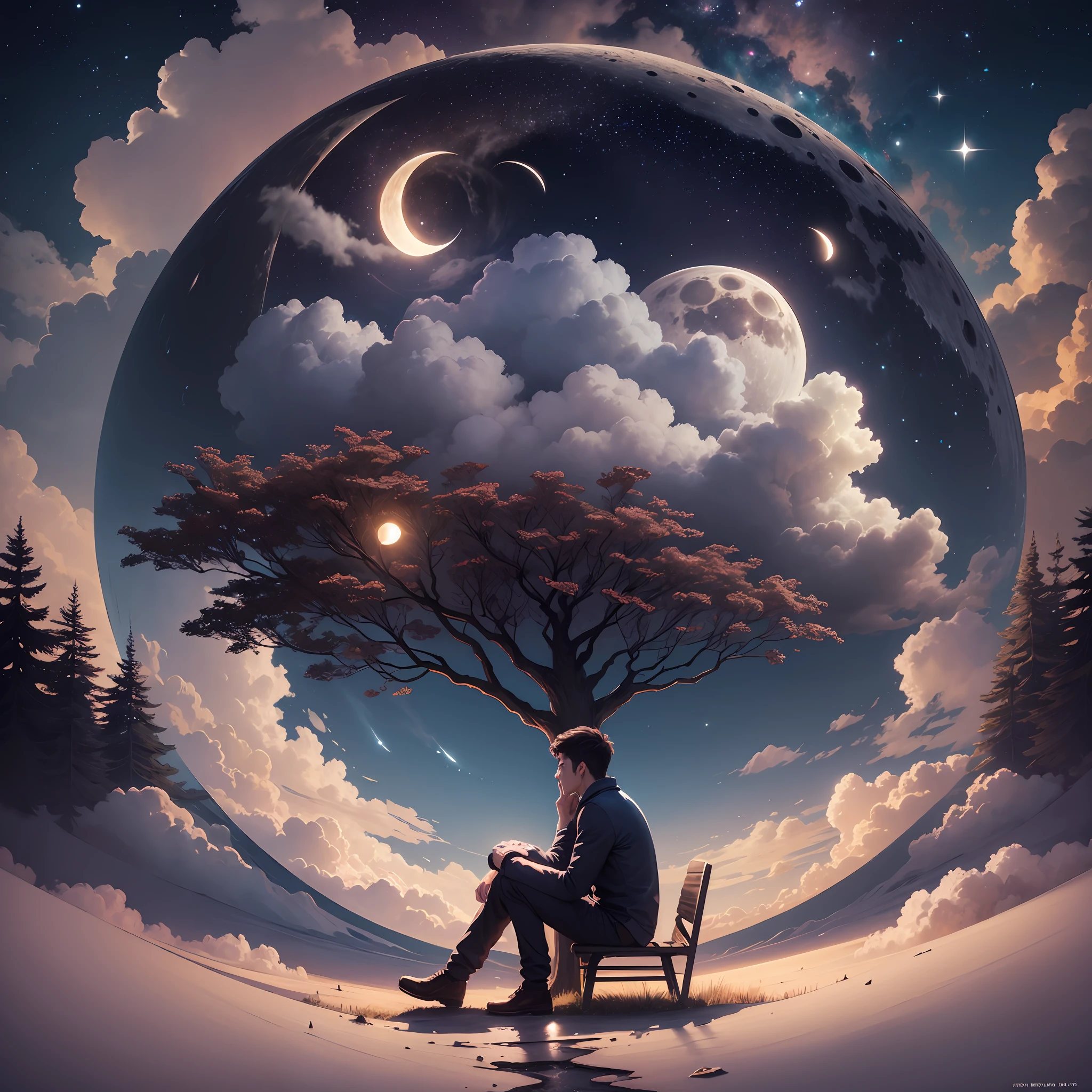 (night),moon,man seening moon,stars,man under the tree,sit,clouds --auto --s2