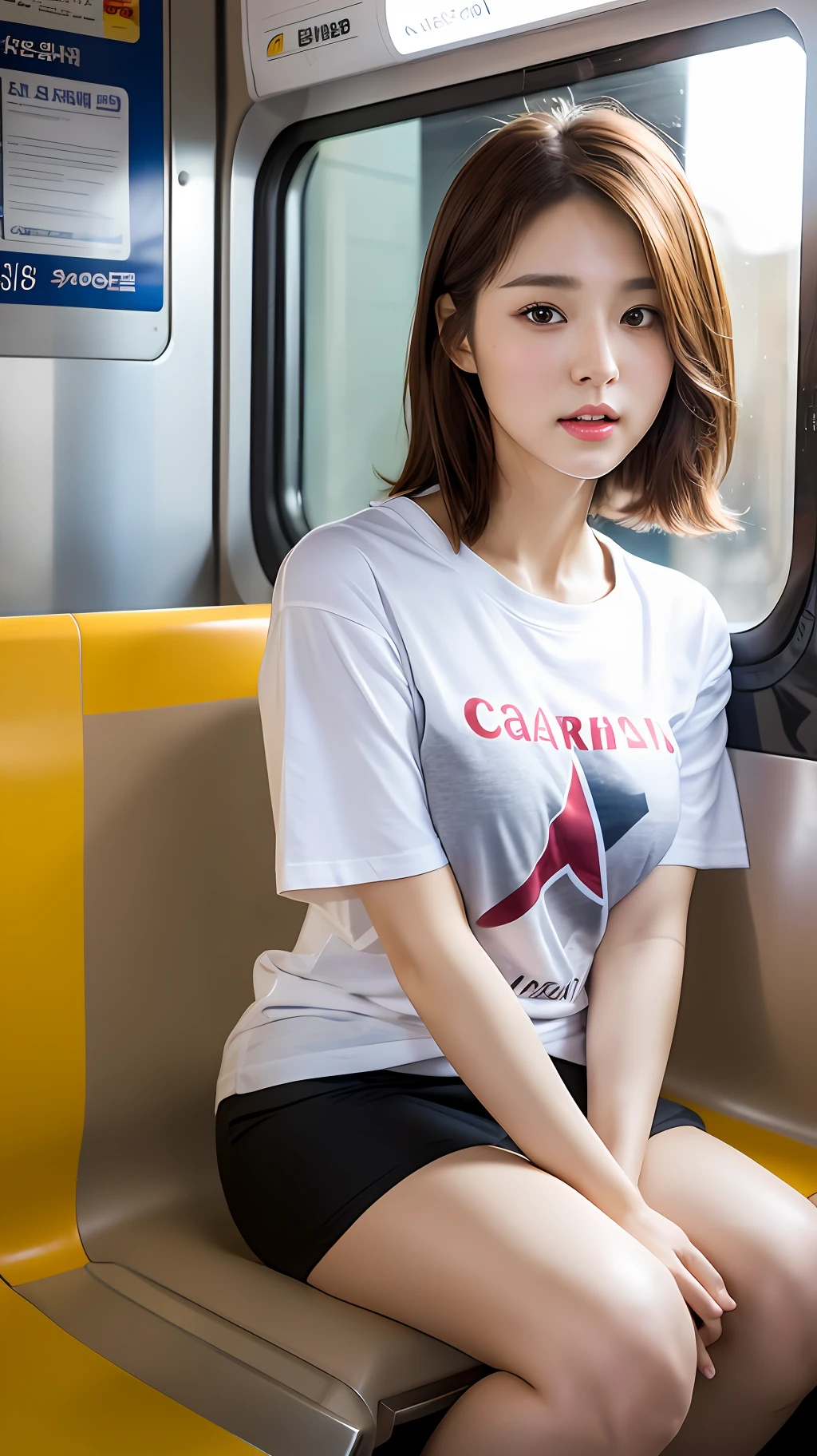 realistic photos of (1 cute Korean star) medium brown hair, thin makeup, medium breasts size, wearing t-shirt, sitting in a train, clear facial features of Canon EOS, 8K high resolution, sharp and realistic details,