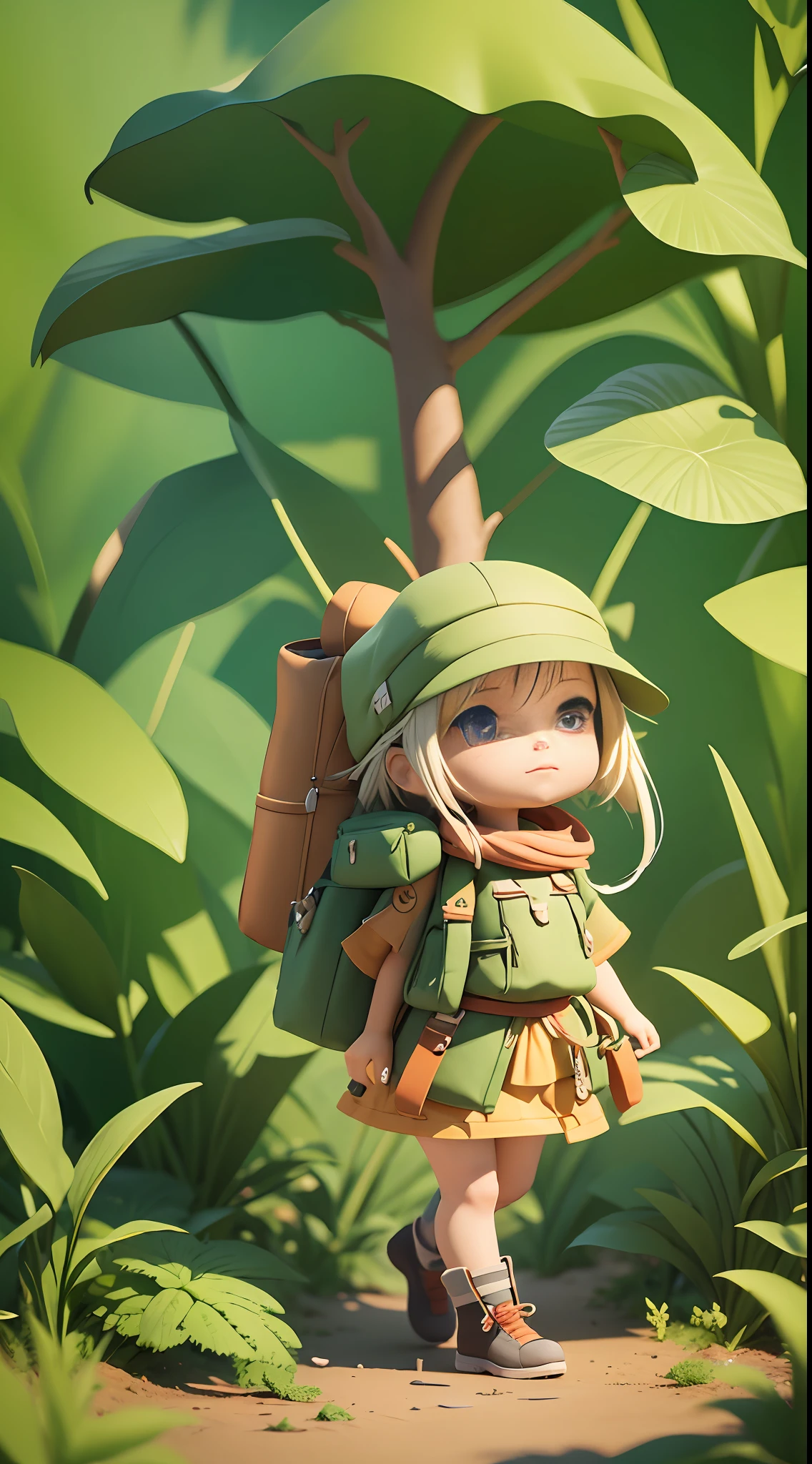 There is a poster with a cartoon character in a hat and backpack, female explorer mini cute girl, walking in the wilderness, flower jungle, animation style rendering, cute 3 D rendering, small characters. Unreal Engine 5, stylized anime, cute detailed digital art, Atey Ghailan 8 K, stylized 3D rendering, adventure surreal rendering, anime style 3D, 3D rendering stylized